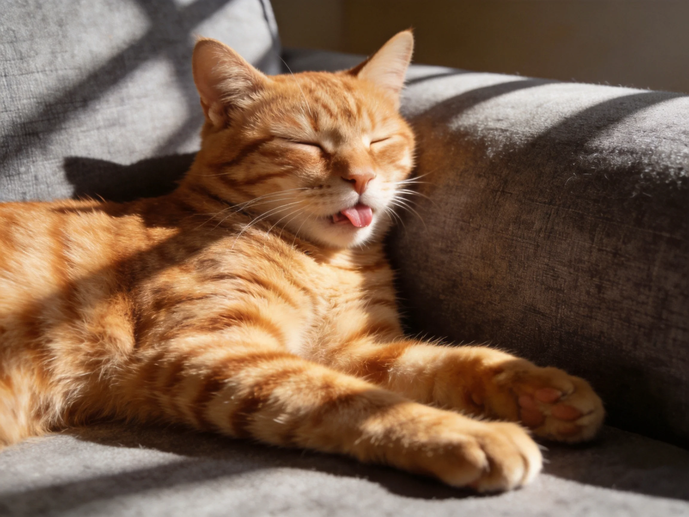 An orange tabby cat lounging on a gray couch in warm sunlight