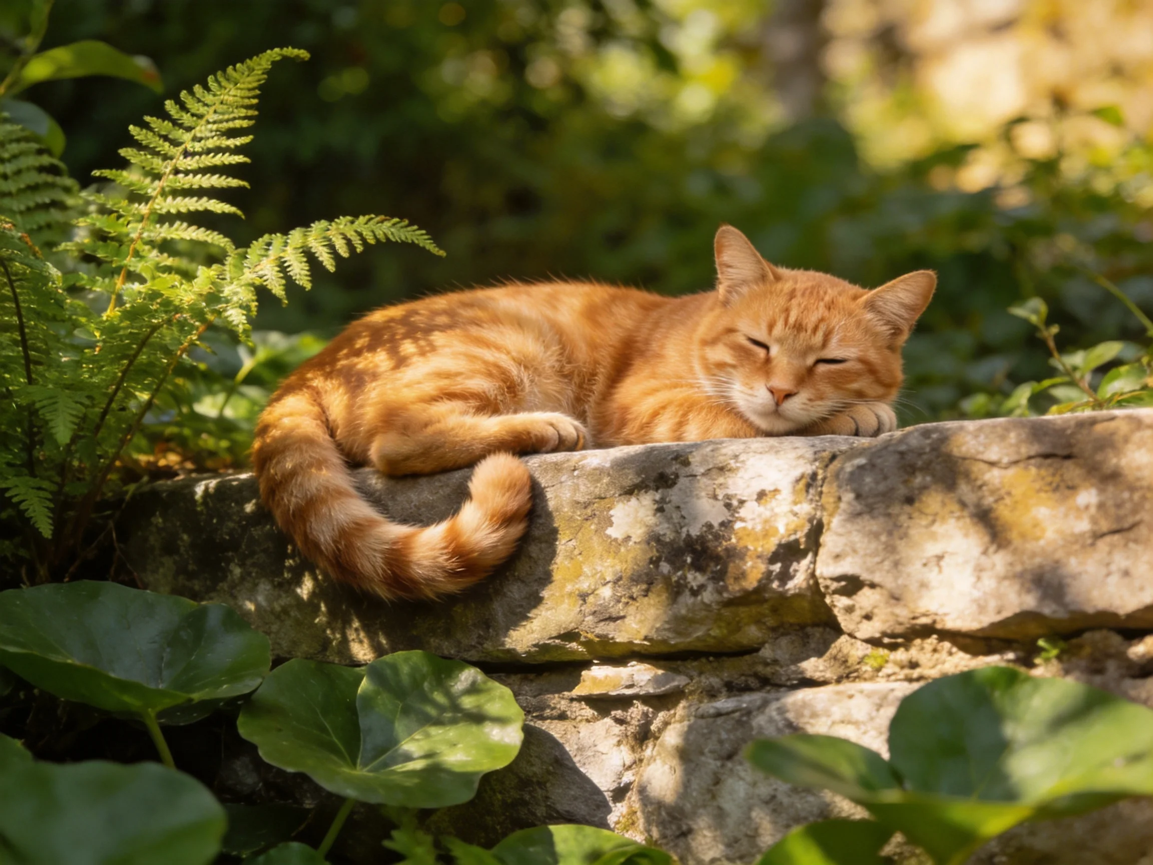An orange tabby cat rests on a weathered stone wall surrounded by green plants.