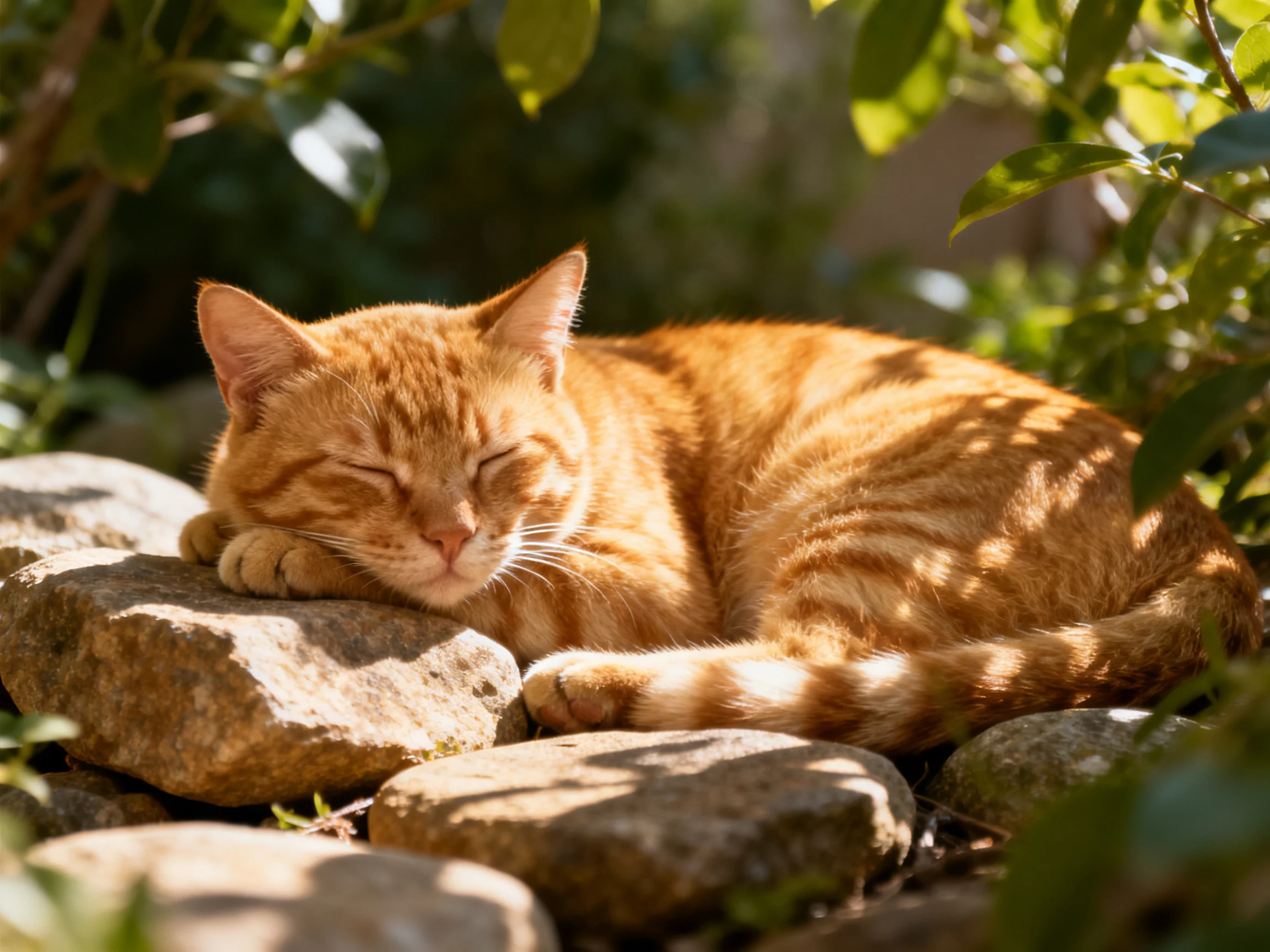 An orange tabby cat napping on sun-warmed stones amid greenery