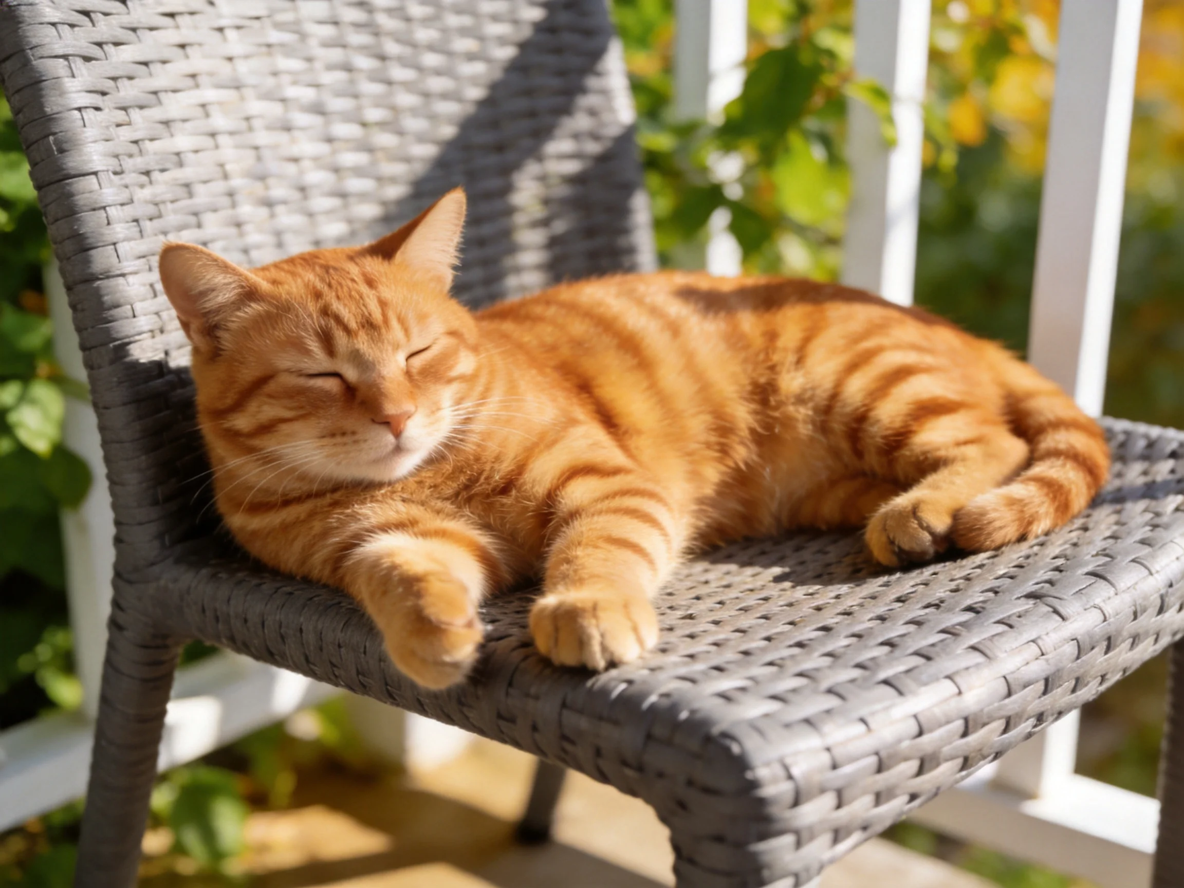 An orange tabby cat naps on a gray wicker patio chair in bright sunshine