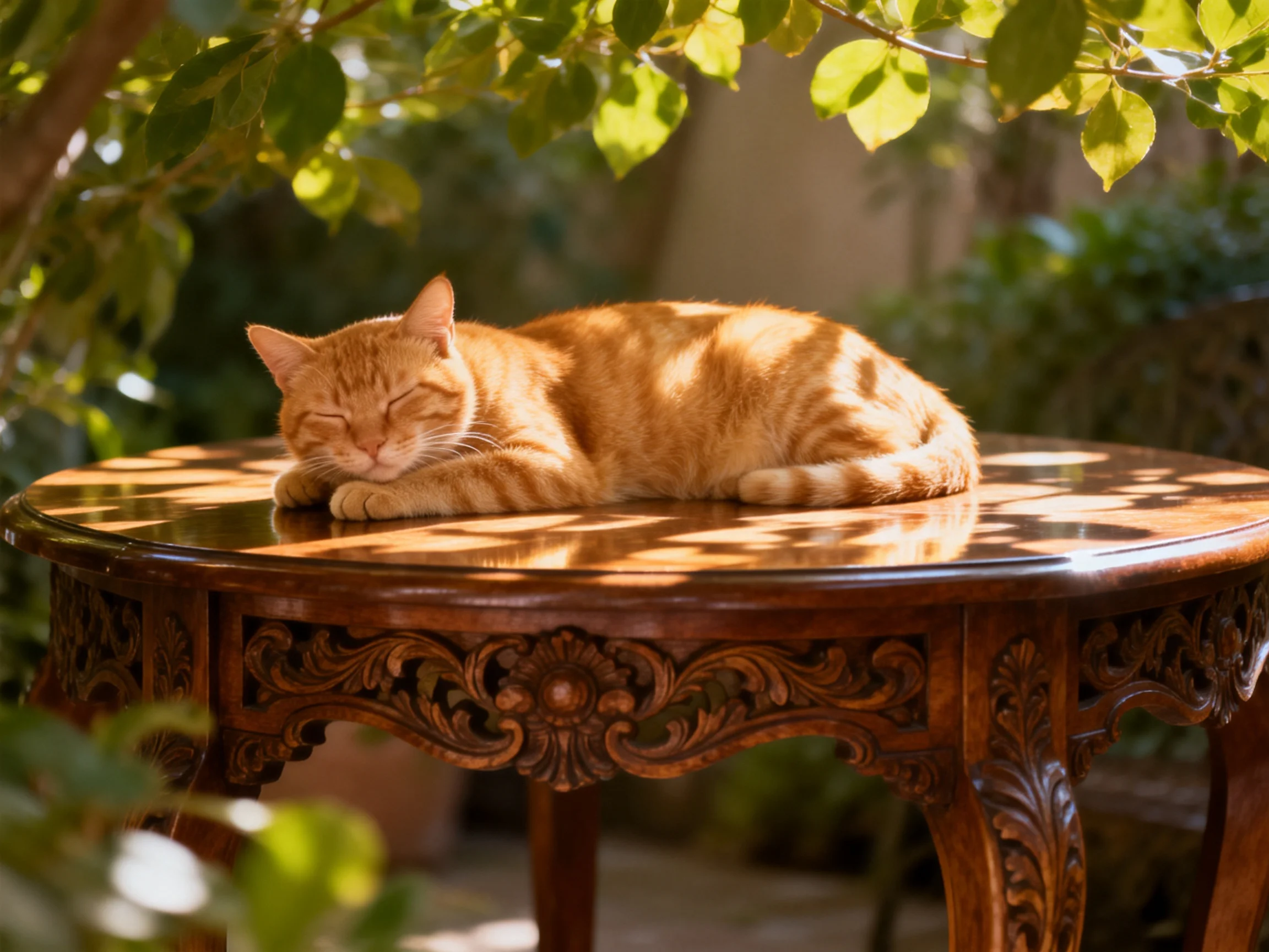 An orange tabby cat naps on an ornately carved wooden table in a sunlit garden