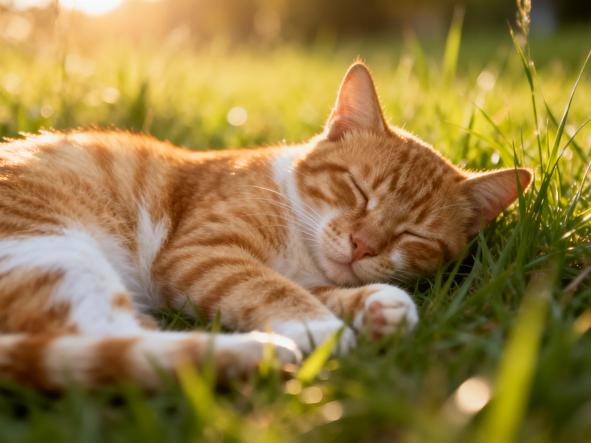An orange tabby cat naps peacefully in sun-drenched grass