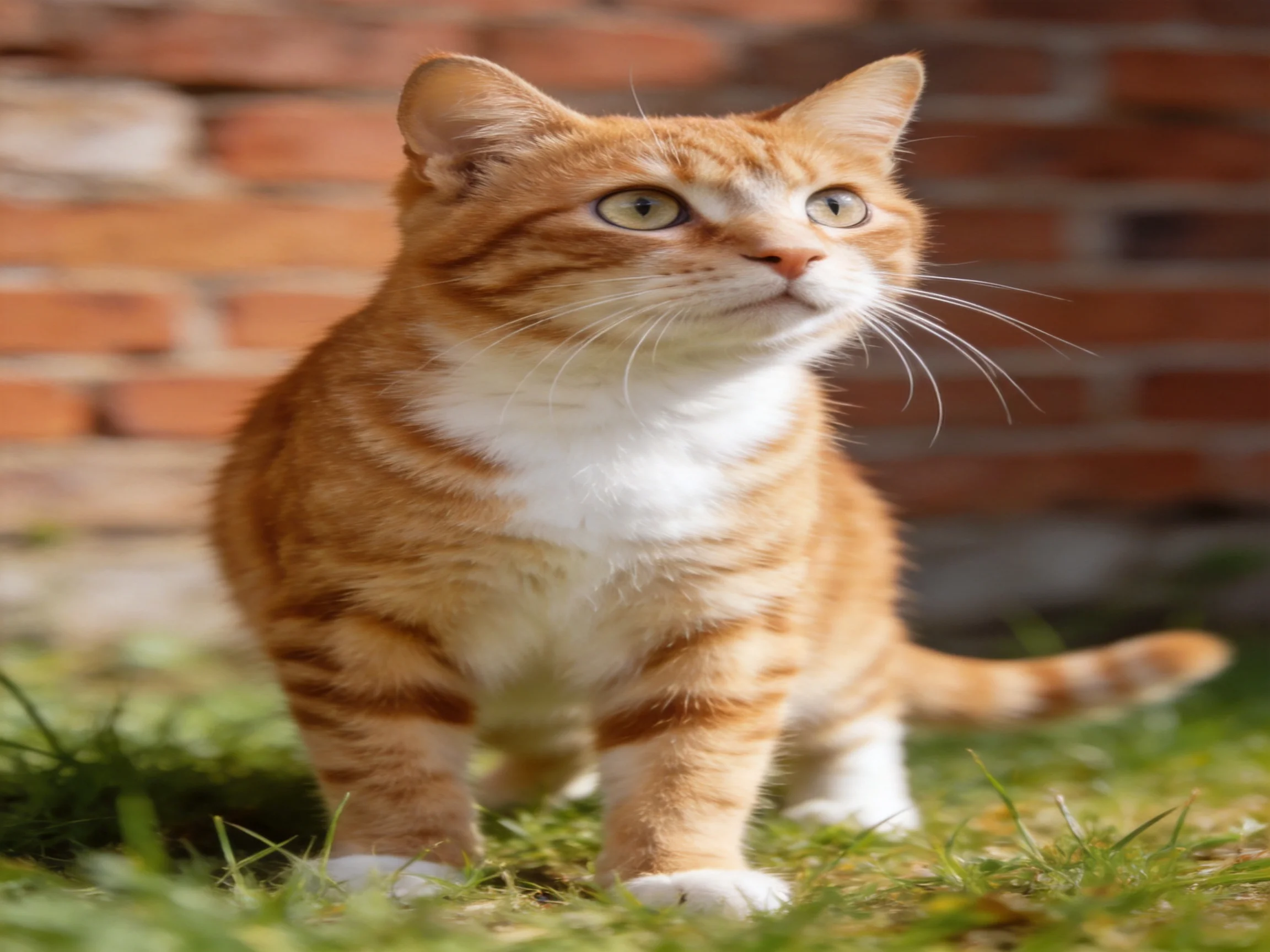 An orange tabby cat near a red brick wall on green grass