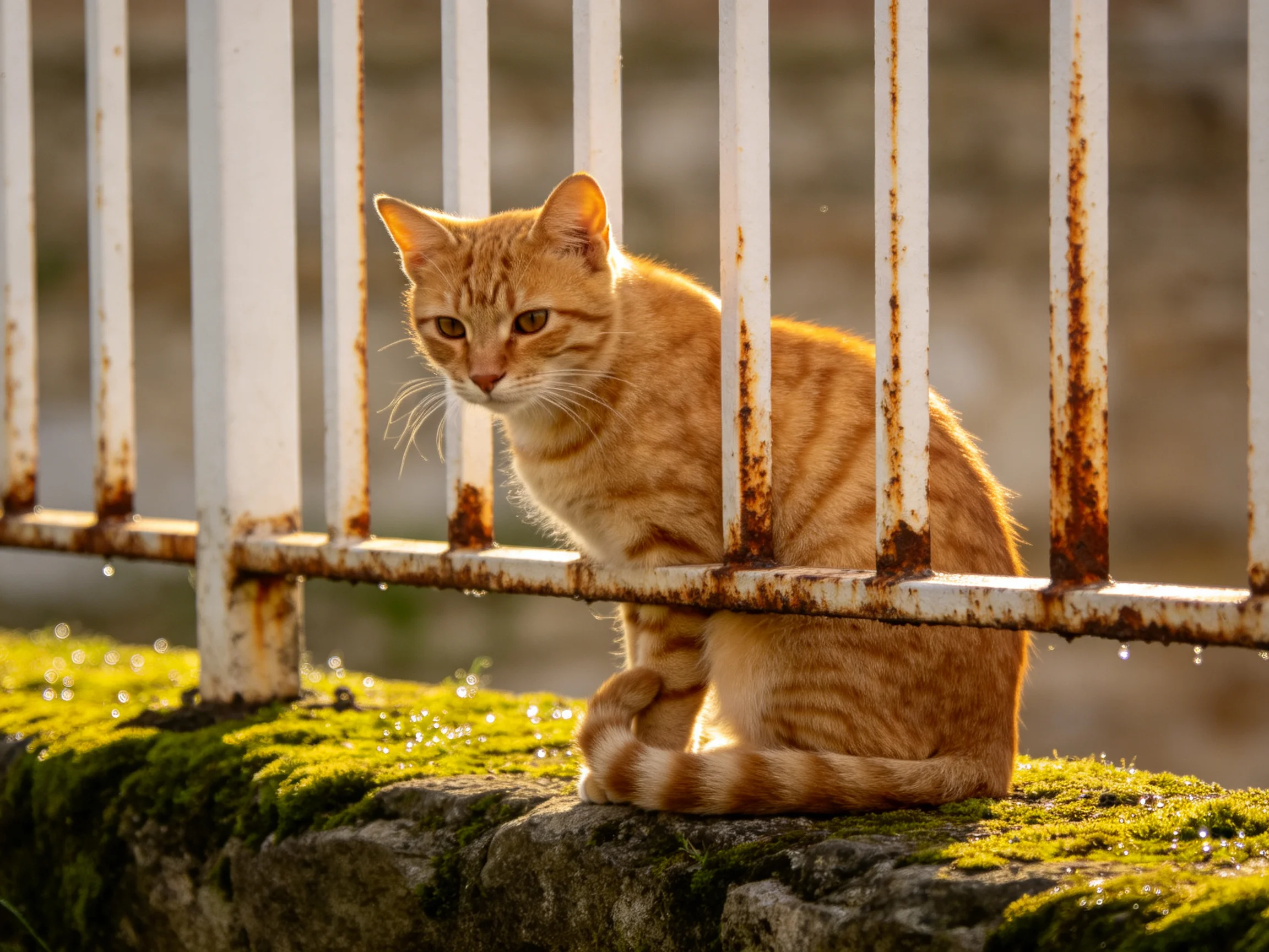 An orange tabby cat near a rusted white metal fence with green moss