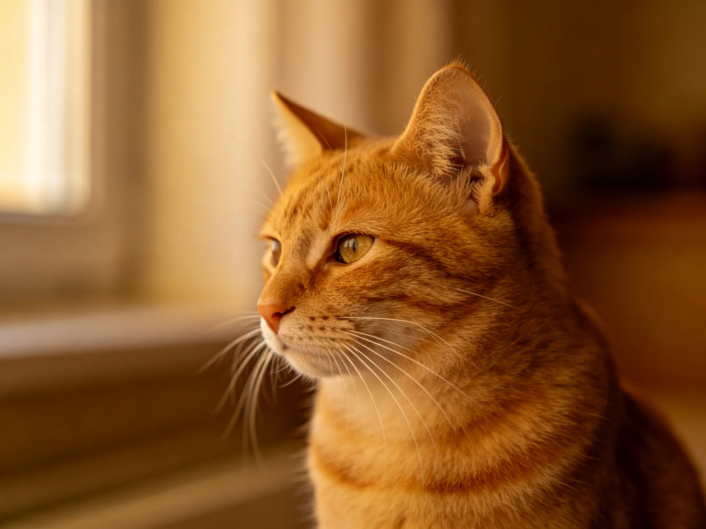 An orange tabby cat near a softly lit interior window