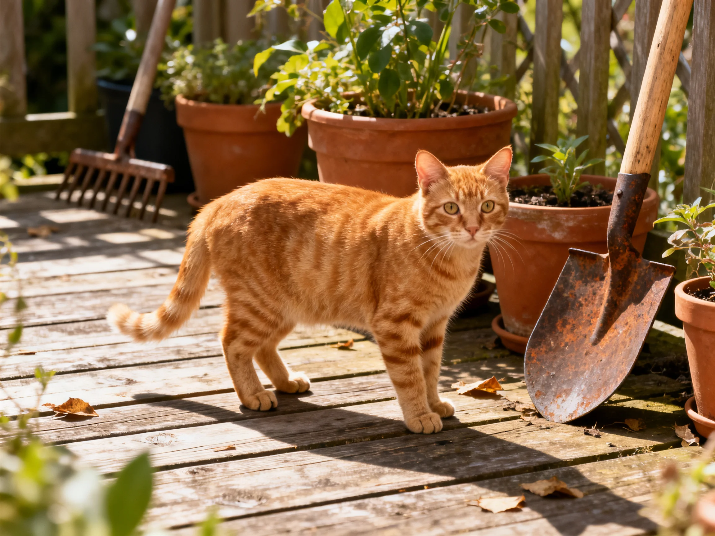 An orange tabby cat near terracotta pots and gardening tools on a wooden deck