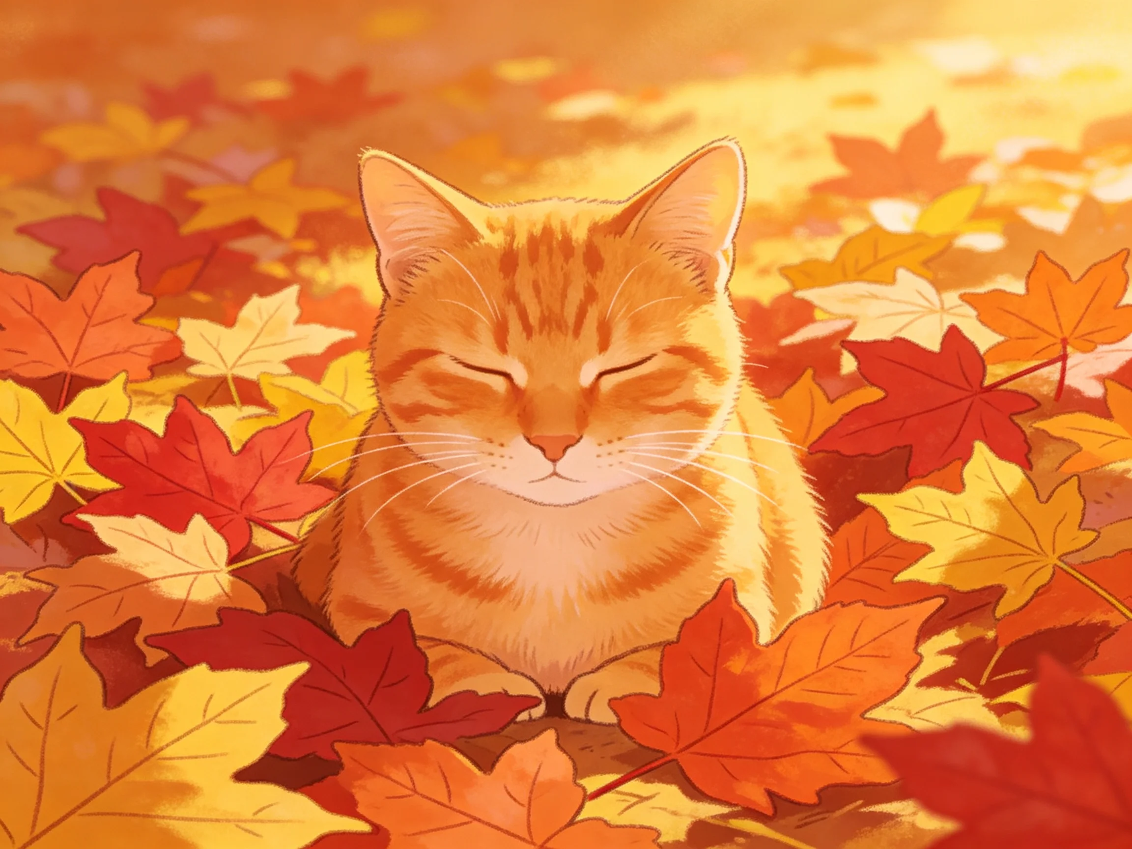An orange tabby cat nestled among colorful autumn maple leaves