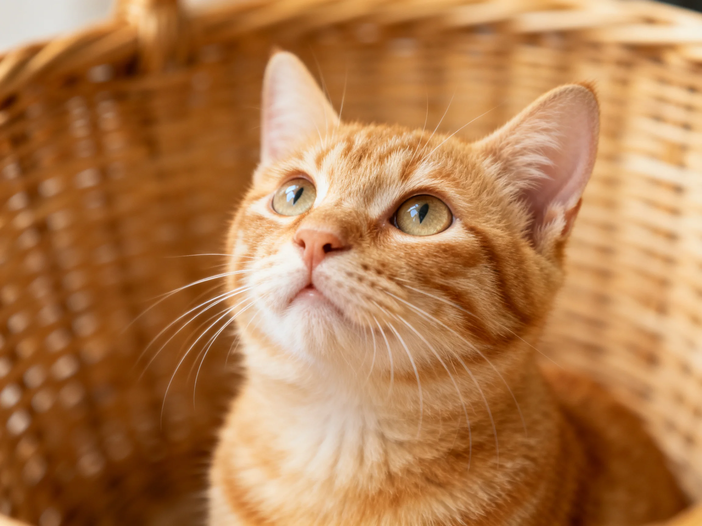 An orange tabby cat sits calmly inside a woven wicker basket.