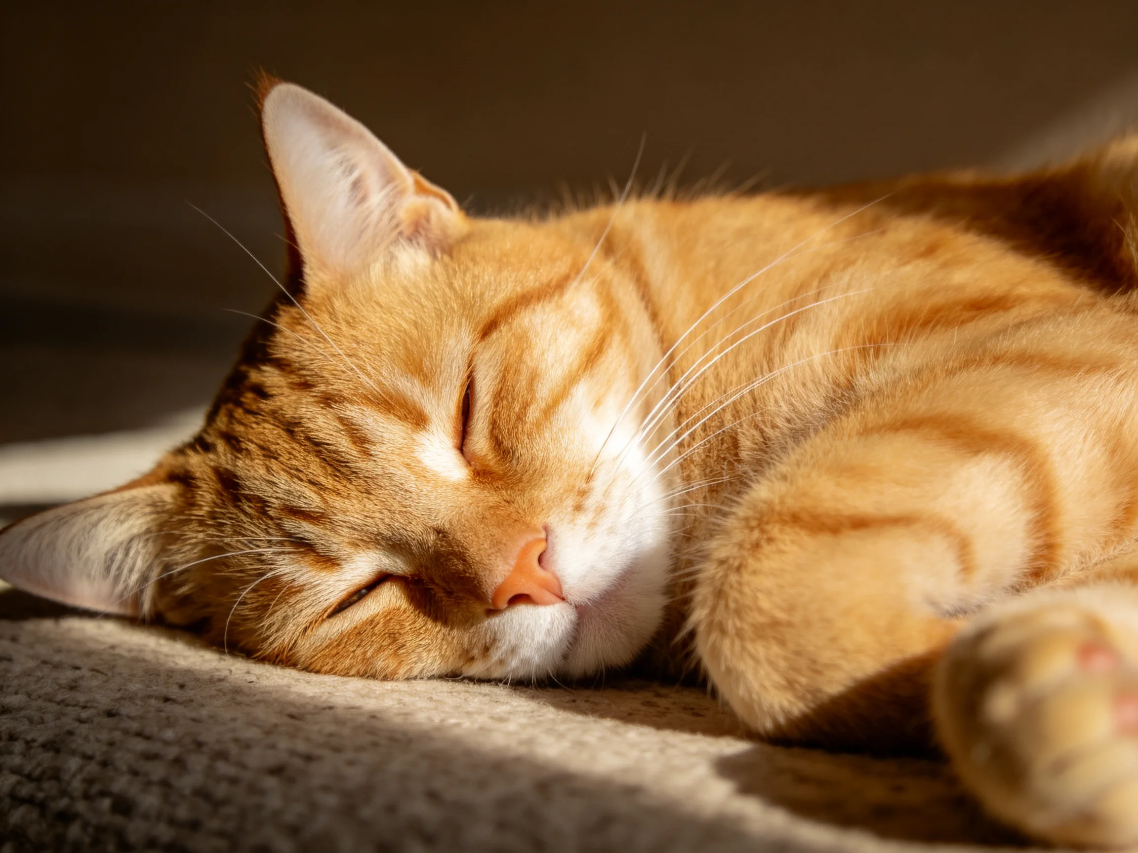 An orange tabby cat peacefully naps on a soft fabric surface