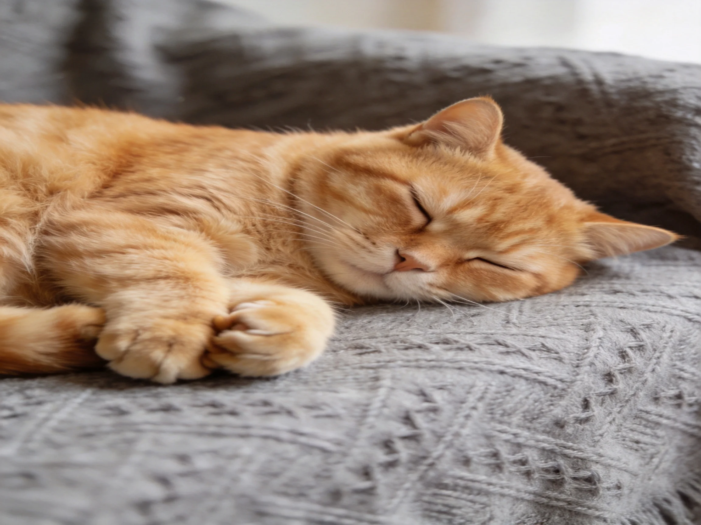 An orange tabby cat peacefully sleeps on a knitted gray cushion
