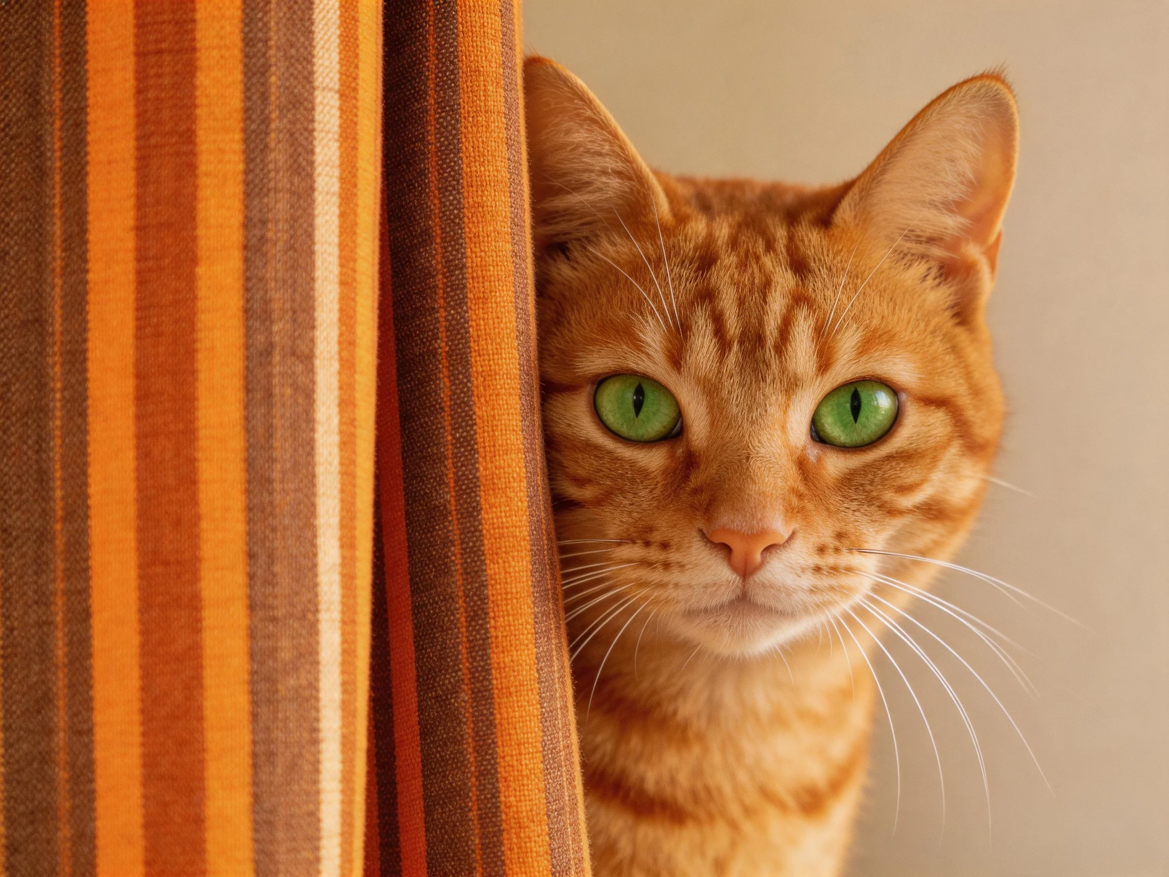 An orange tabby cat peeks from behind a striped curtain.