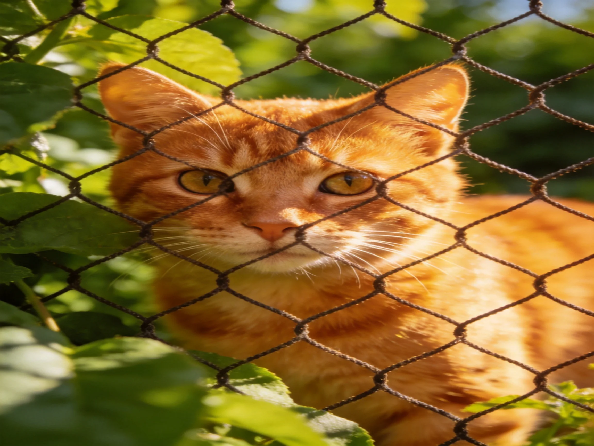An orange tabby cat is partially hidden by a wire fence among green plants.