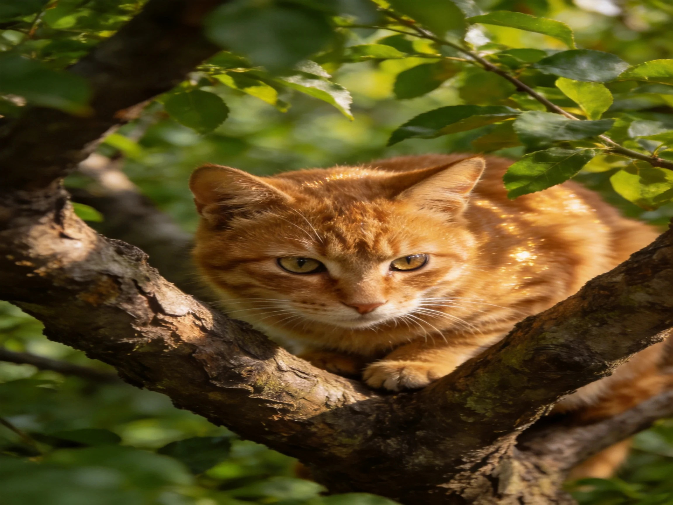 An orange tabby cat perched on a gnarled tree branch amid lush green foliage