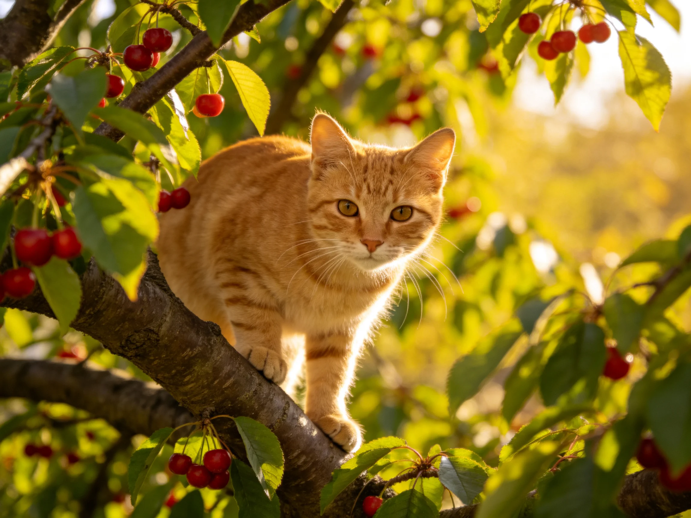 An orange tabby cat sits on a cherry tree branch surrounded by fruit.