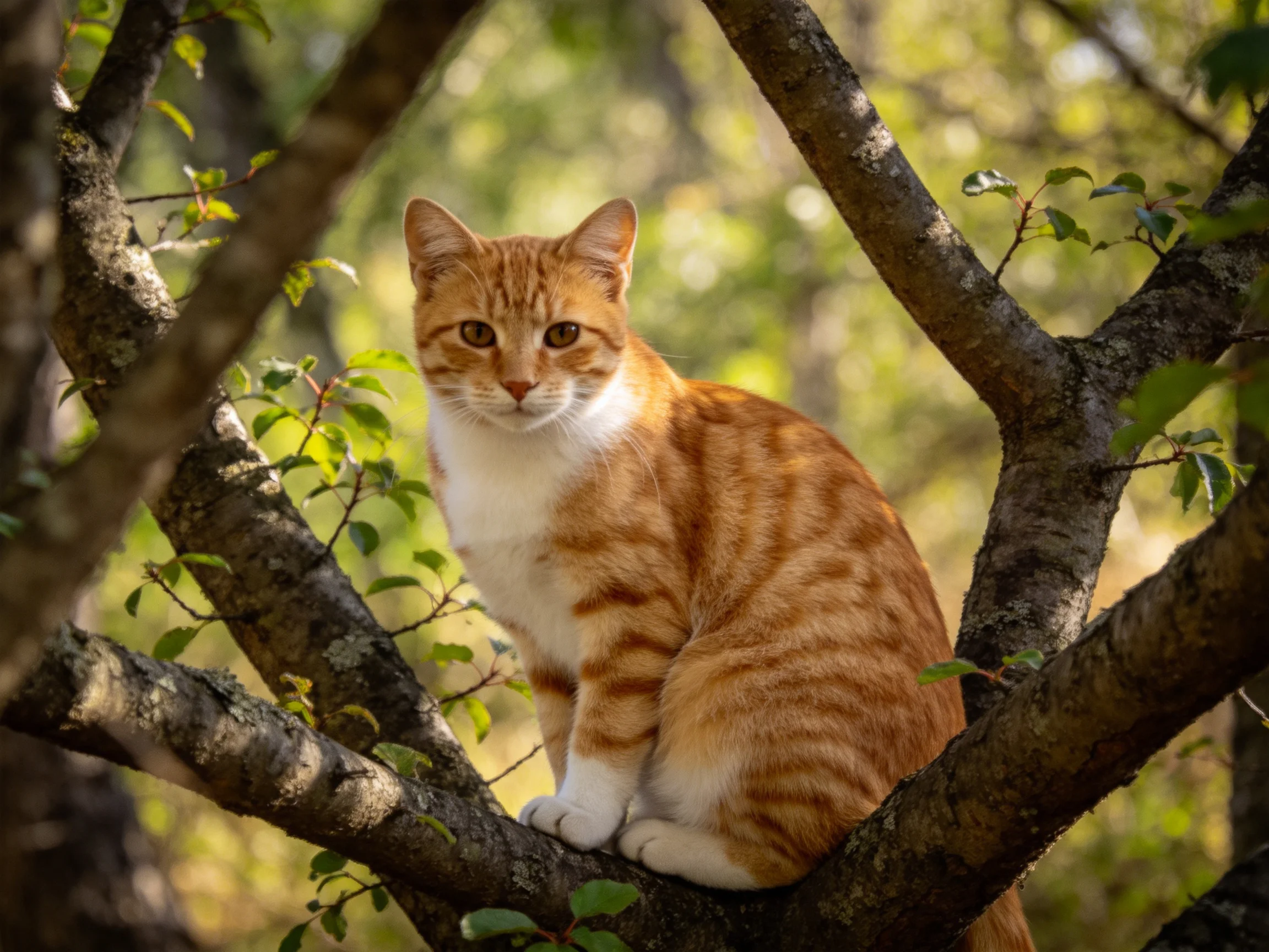 An orange tabby cat sits on a tree branch in a sunlit forest.