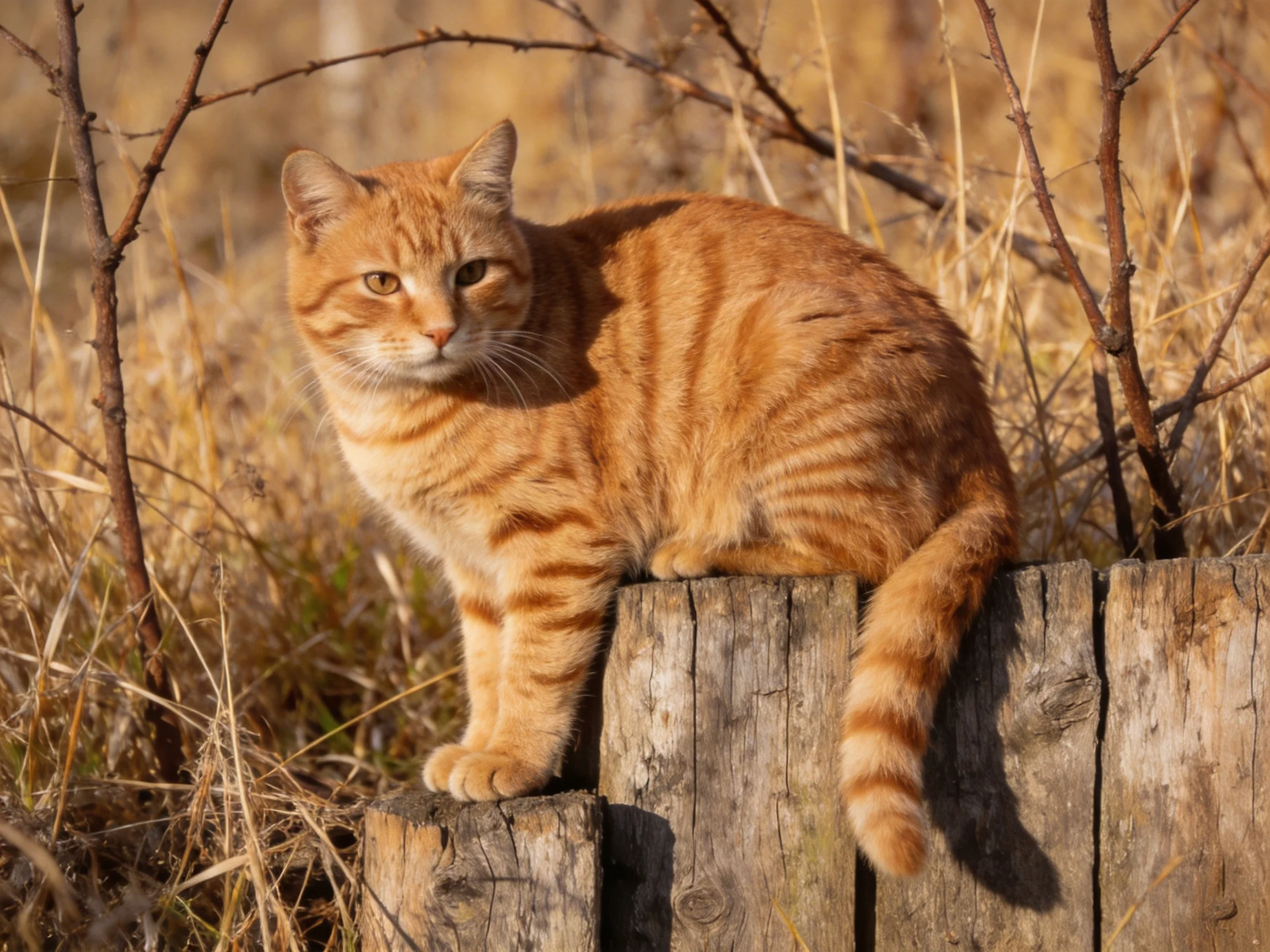 An orange tabby cat perched on weathered wooden posts amid golden grass