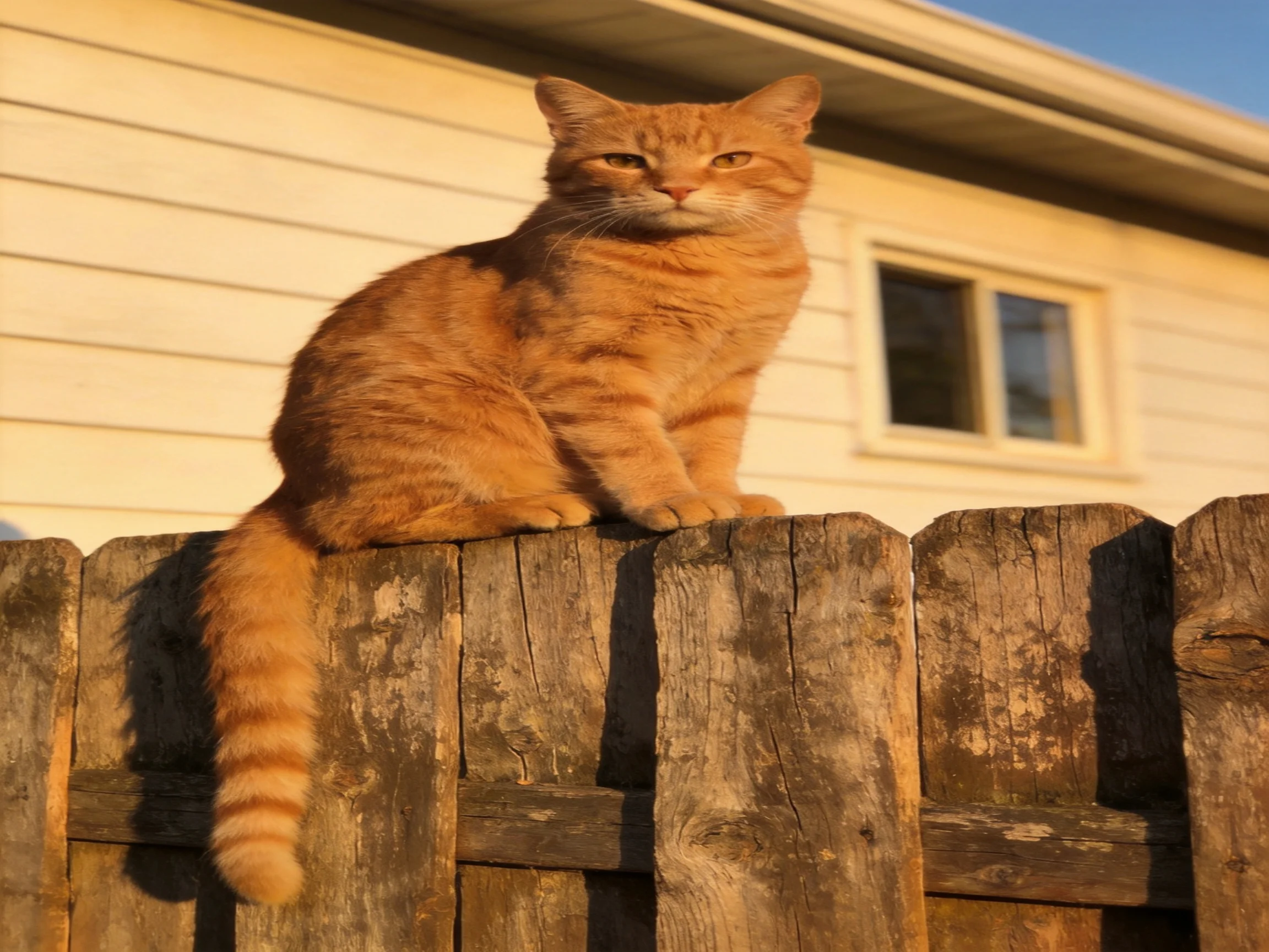 An orange tabby cat sits on a wooden fence near a house
