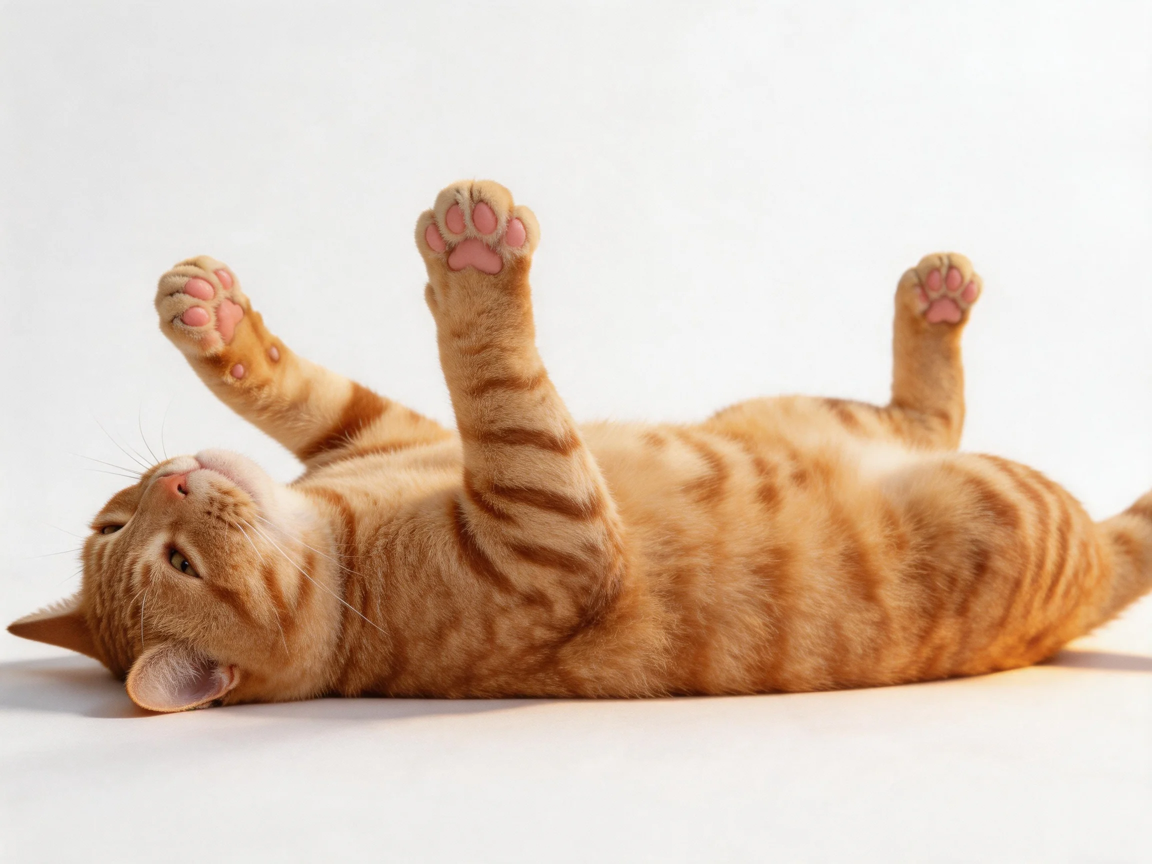 An orange tabby cat playfully lying on its back with raised paws