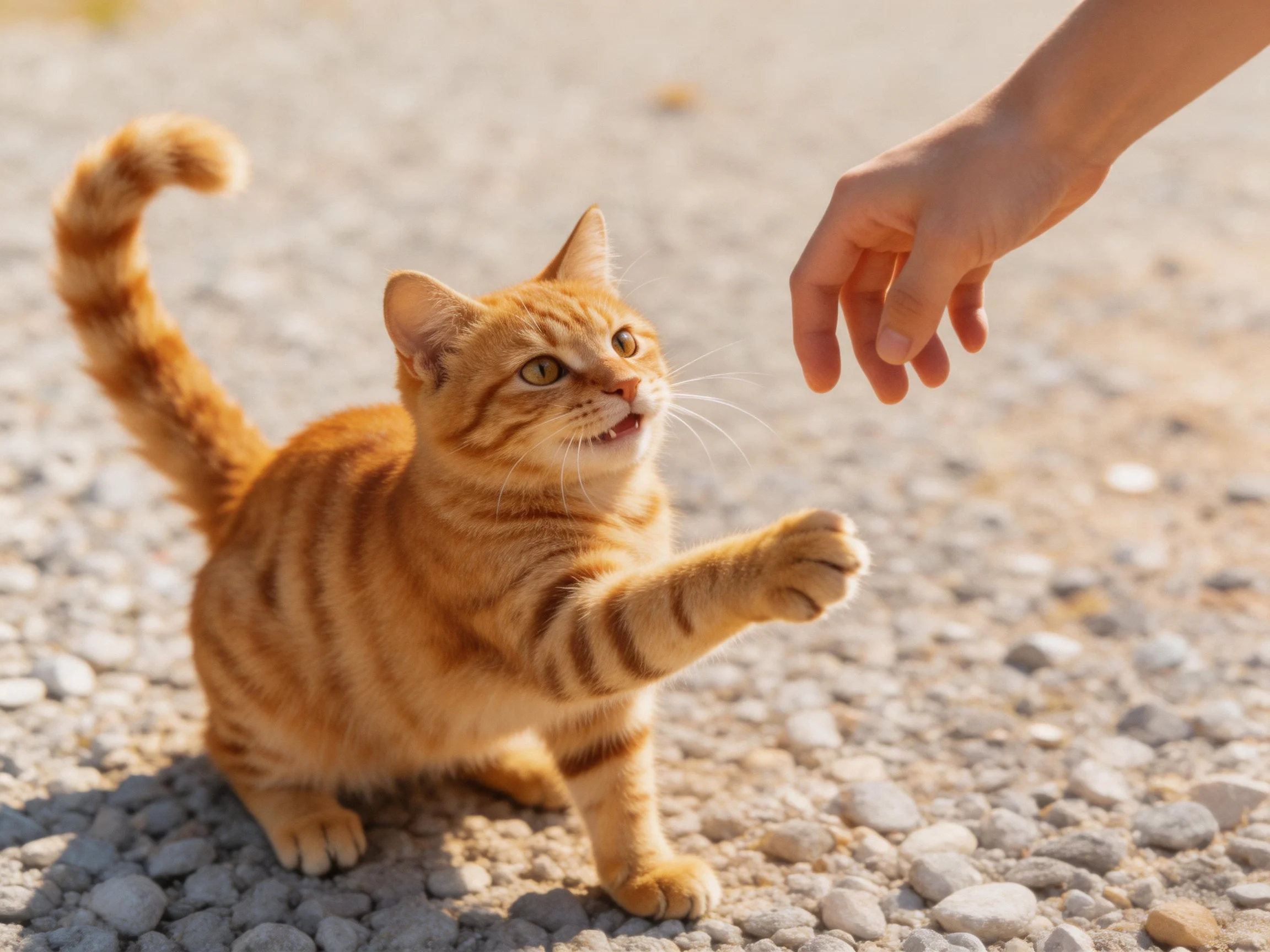 An orange tabby cat reaches toward a human hand on a gravel path