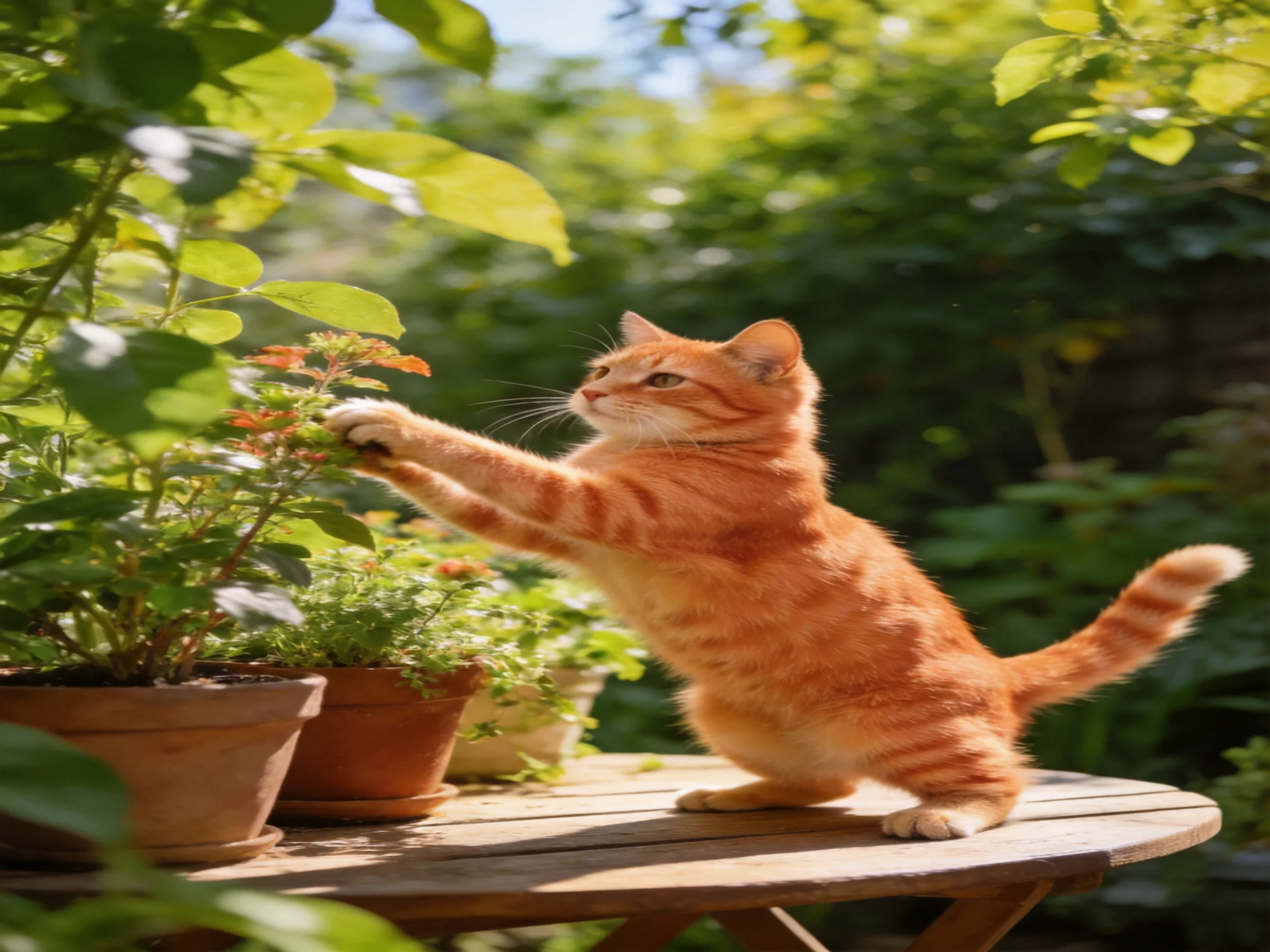 An orange tabby cat reaches toward potted flowers on a wooden table