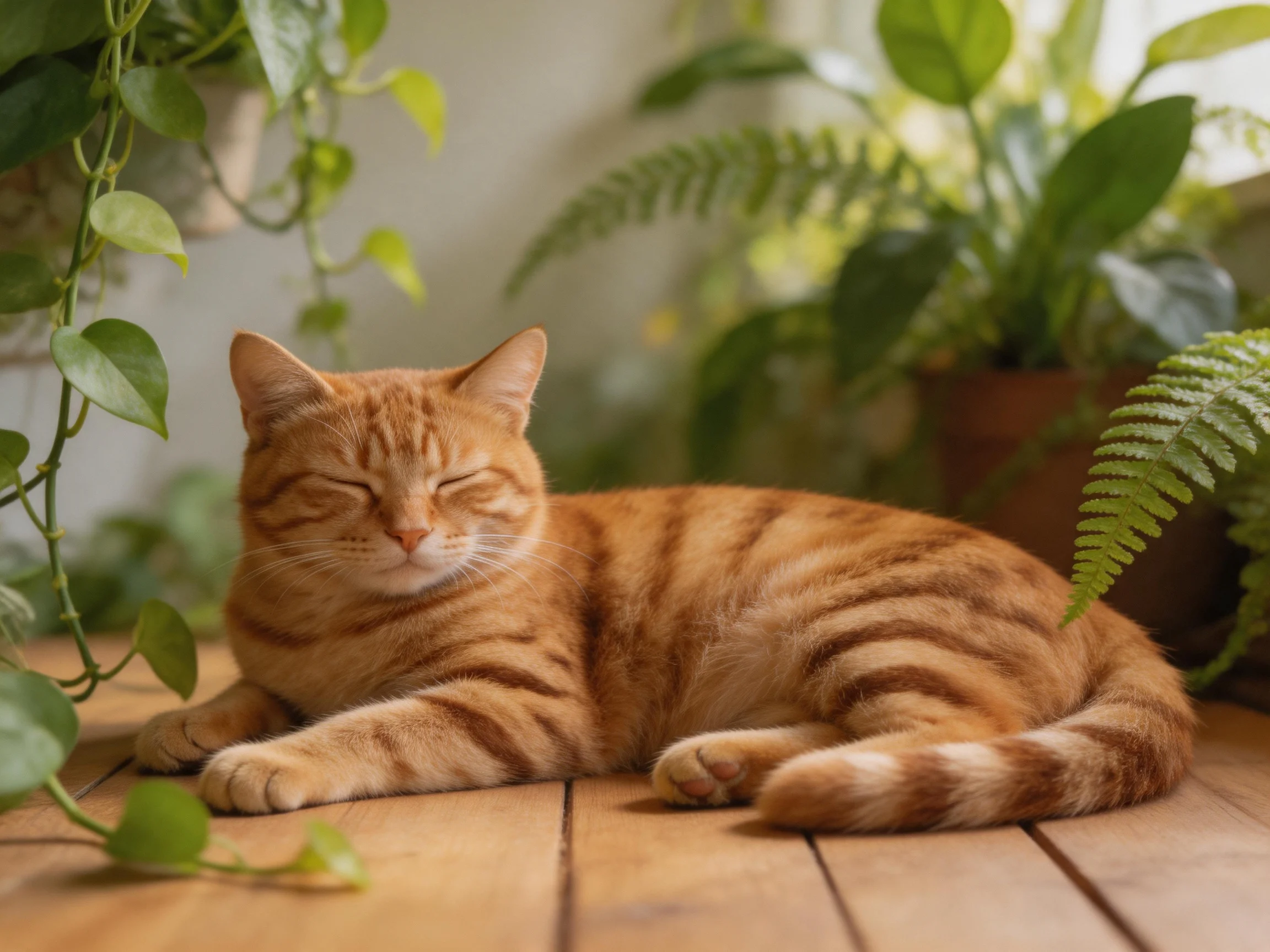 An orange tabby cat rests near green houseplants on a wooden surface