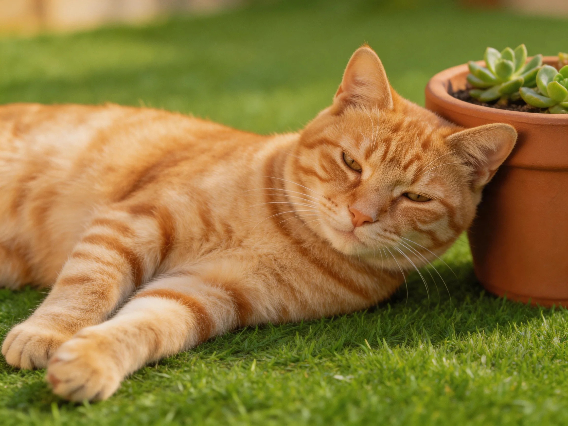 An orange tabby cat relaxes beside a terracotta pot with green succulents on grass