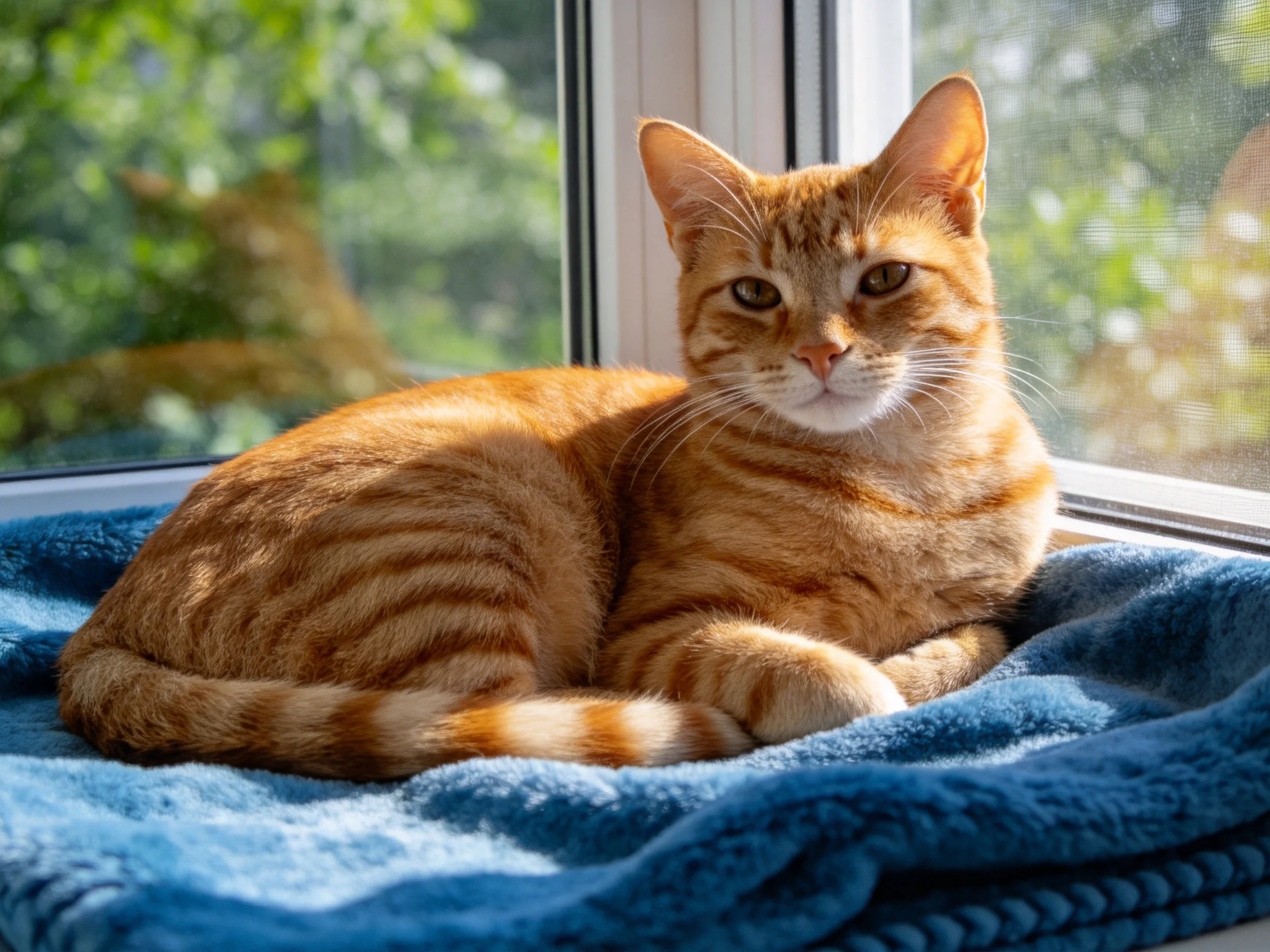 An orange tabby cat rests on a blue blanket near a sunlit window.