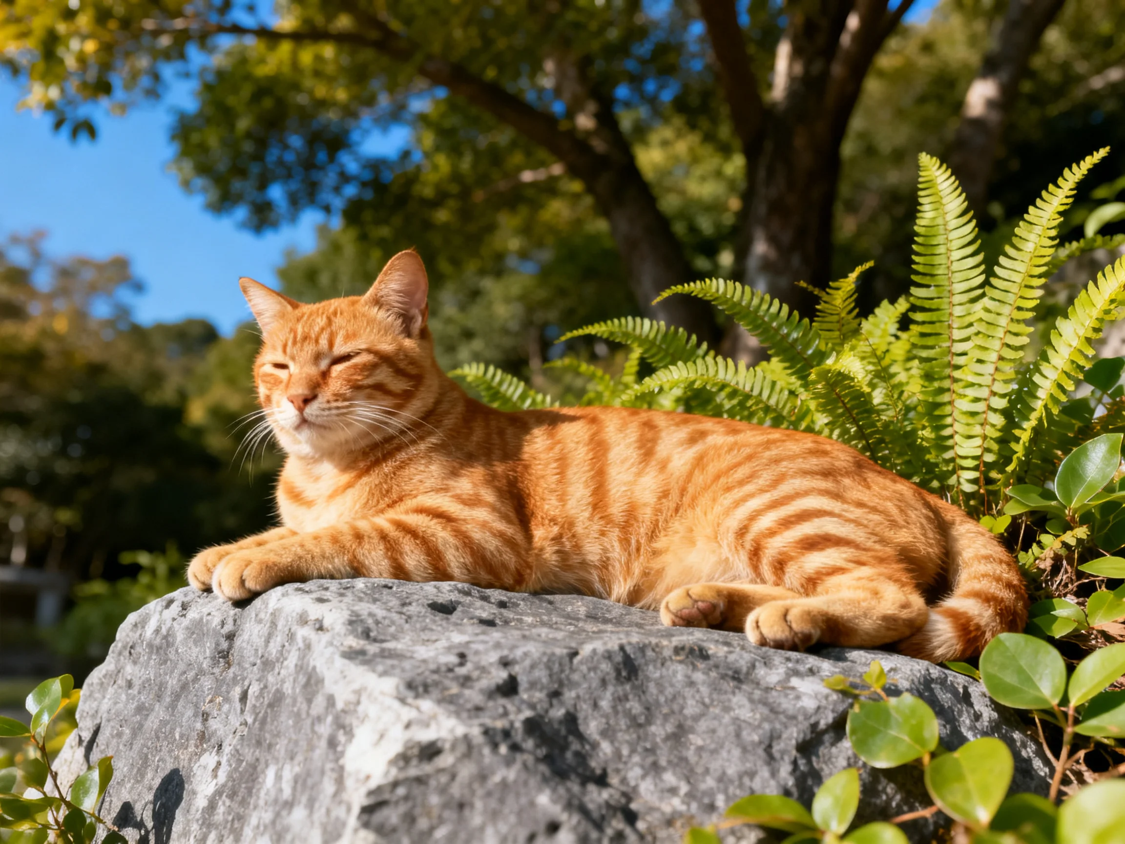An orange tabby cat relaxes on a large gray rock in a sunlit garden.