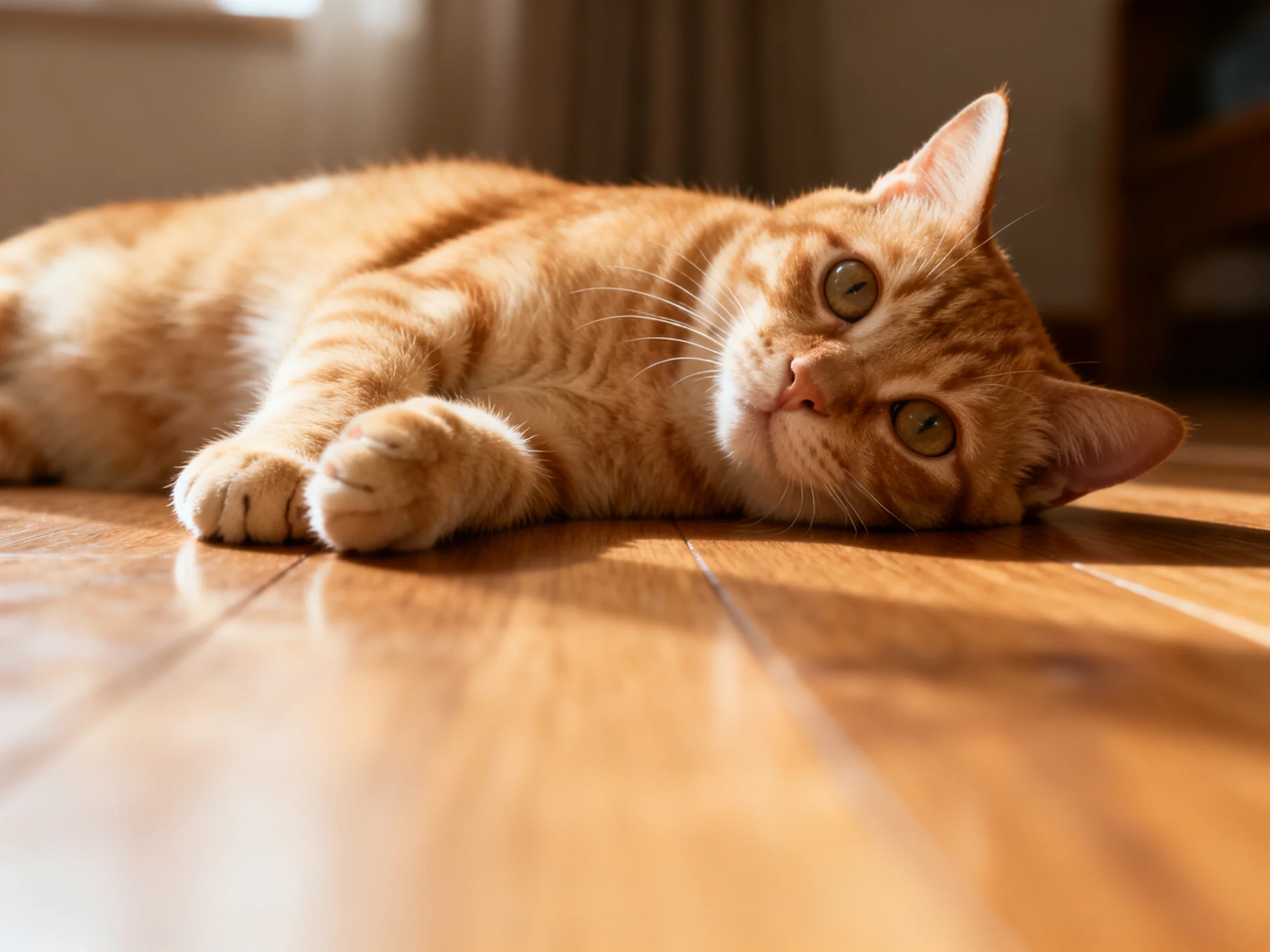 An orange tabby cat relaxes on a polished wooden floor in soft sunlight