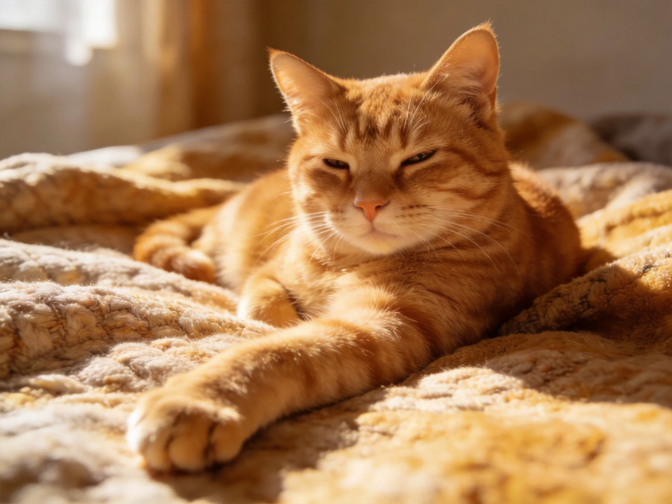 An orange tabby cat relaxes on a textured blanket in warm sunlight