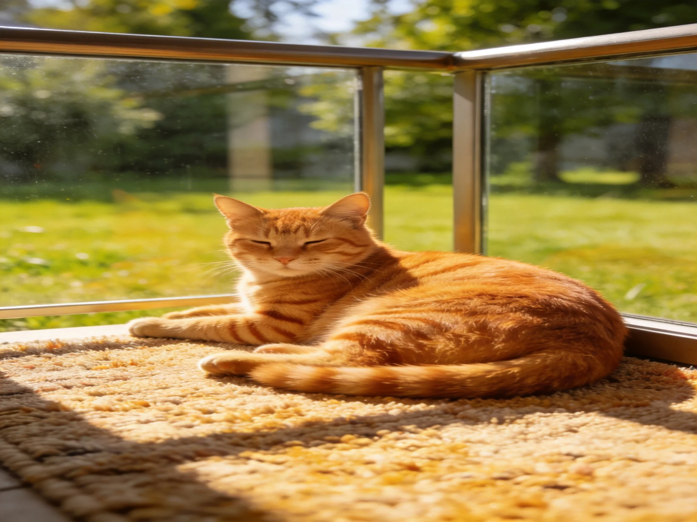 An orange tabby cat relaxes on a textured rug near glass railings