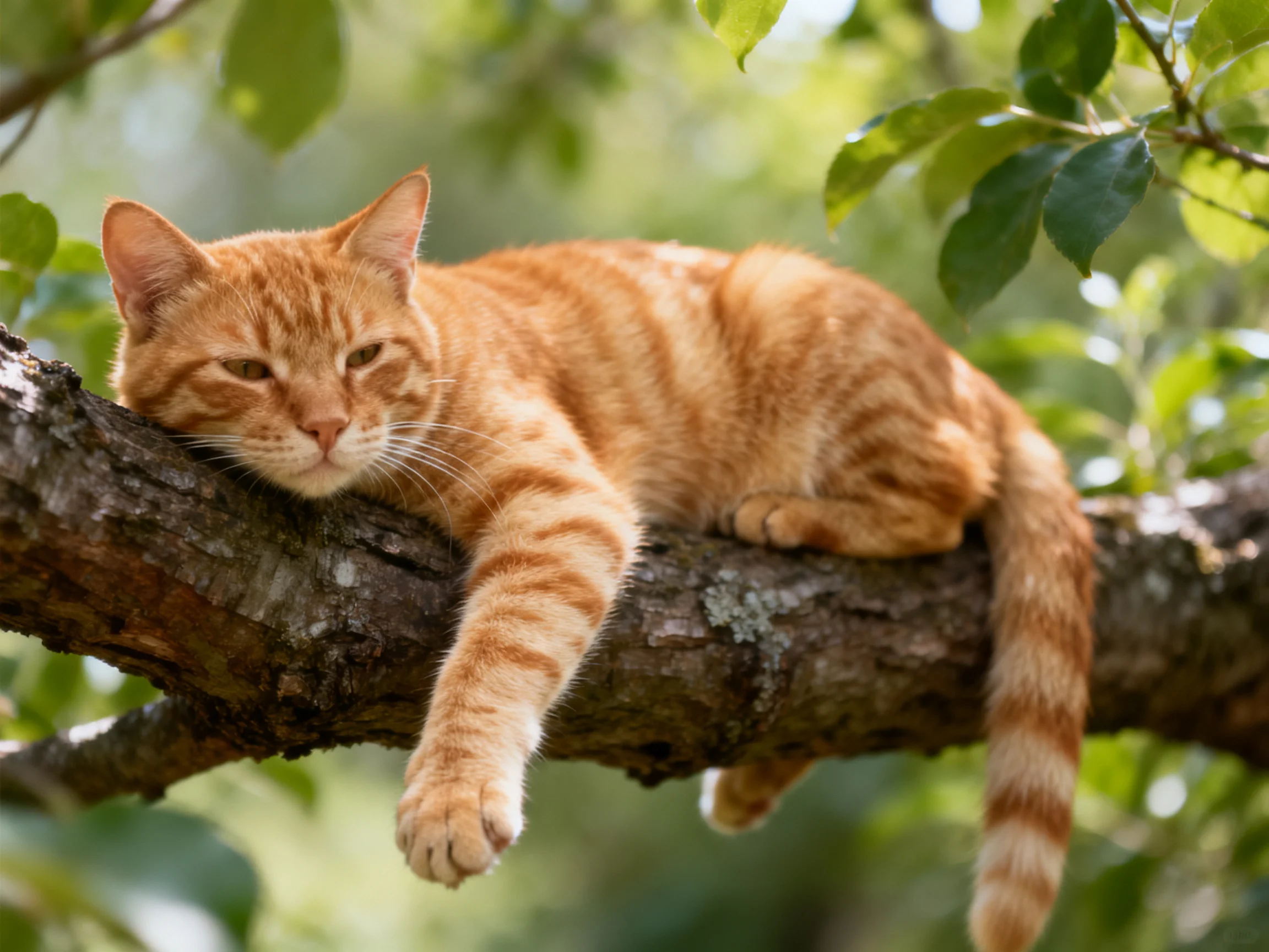 An orange tabby cat rests on a tree branch surrounded by green foliage