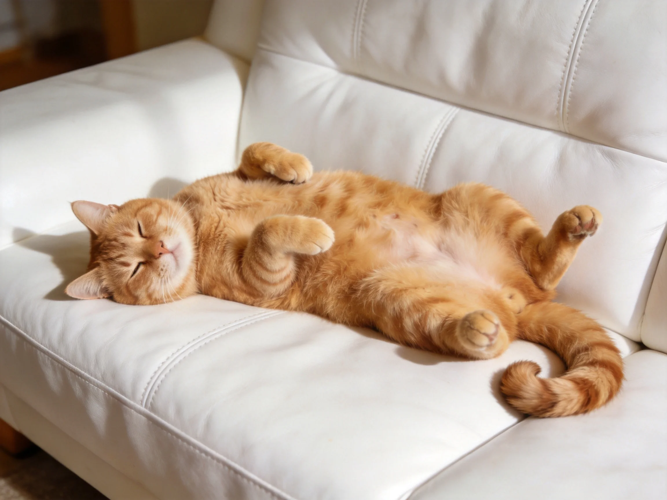 An orange tabby cat relaxes on a white leather couch in sunlight
