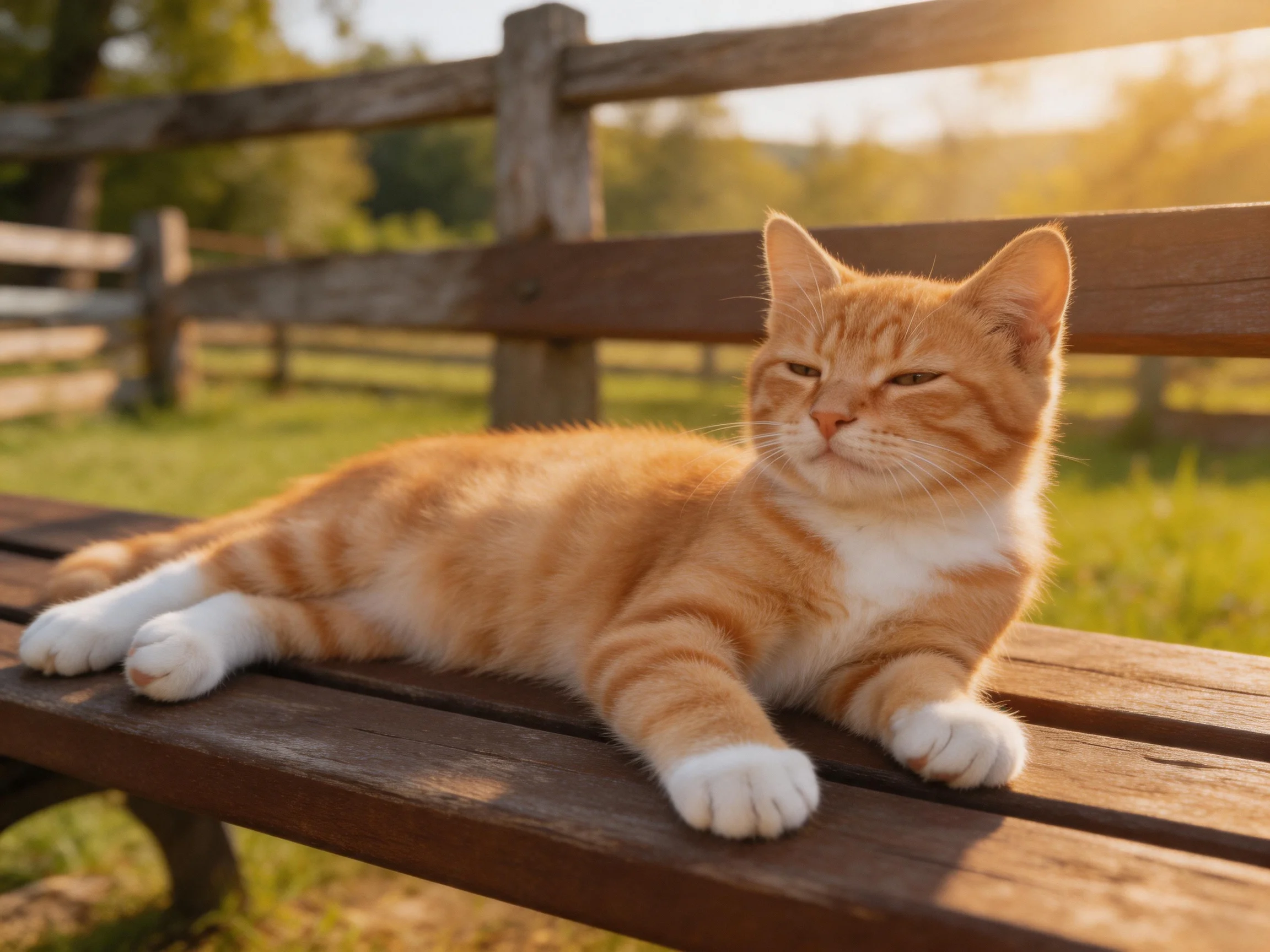An orange tabby cat relaxes on a wooden bench under golden sunlight