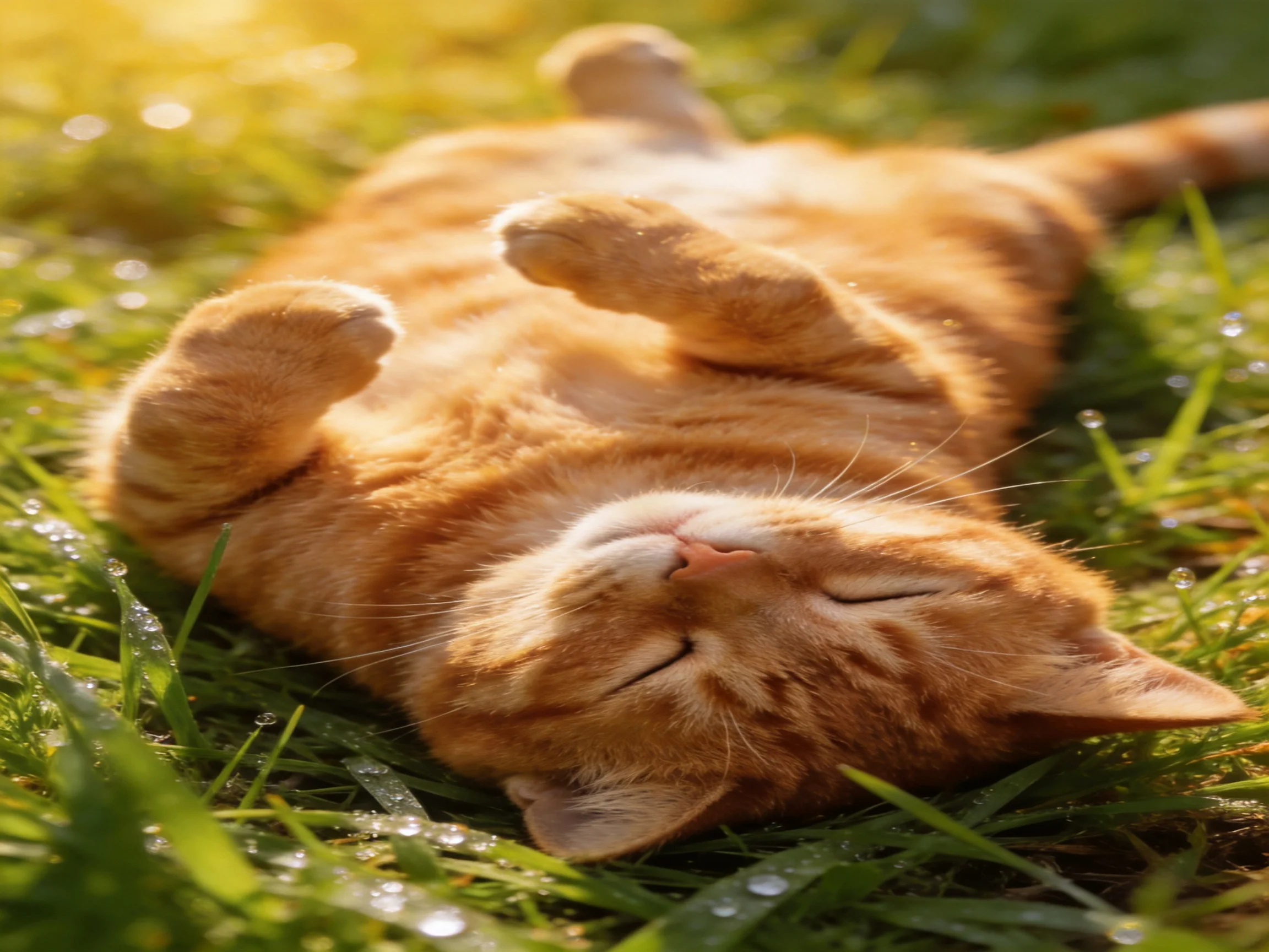 An orange tabby cat relaxes on dewy green grass in golden sunlight