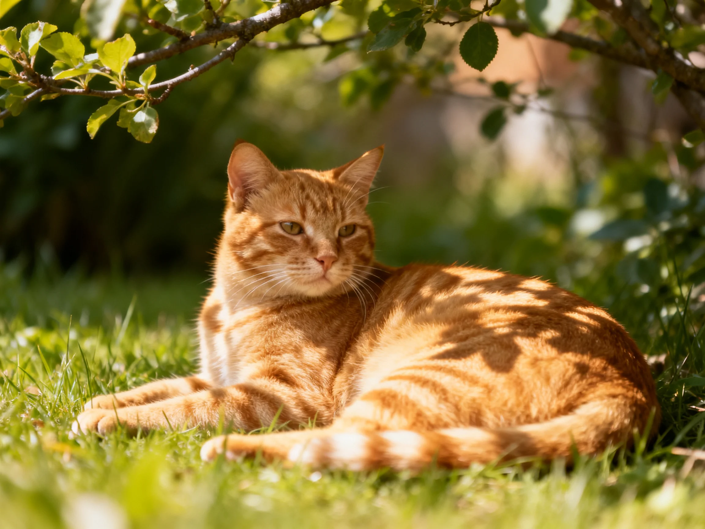 An orange tabby cat relaxes on sun-dappled green grass beneath leafy branches