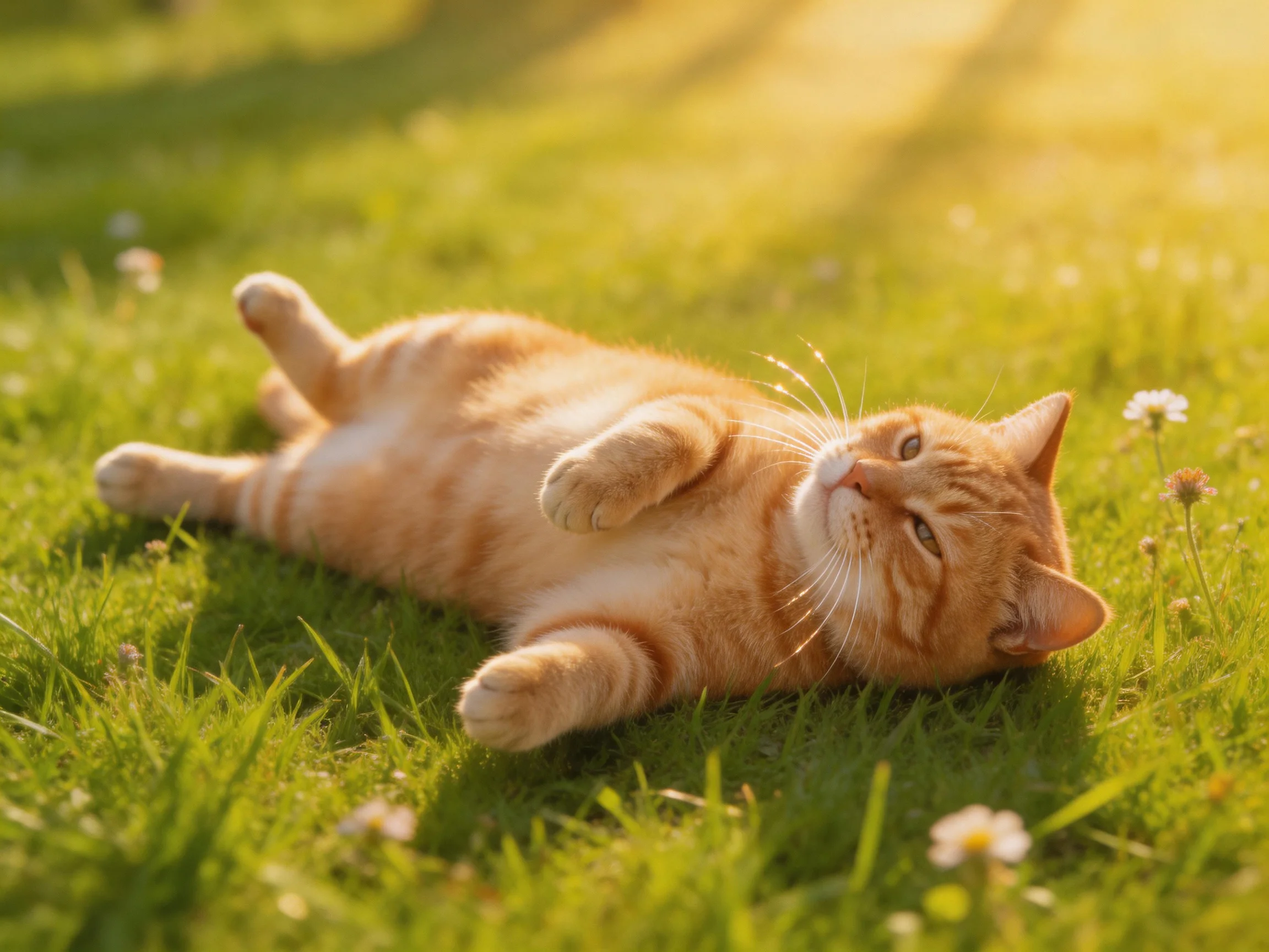 An orange tabby cat lies on sunlit green grass.