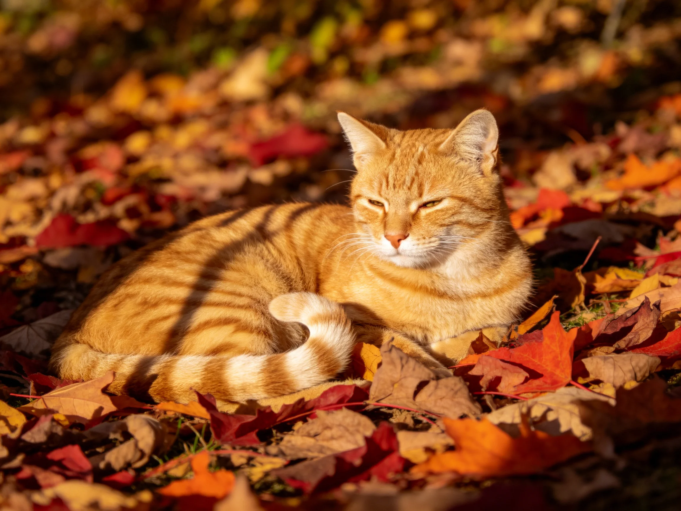 An orange tabby cat relaxes on a bed of colorful autumn leaves.