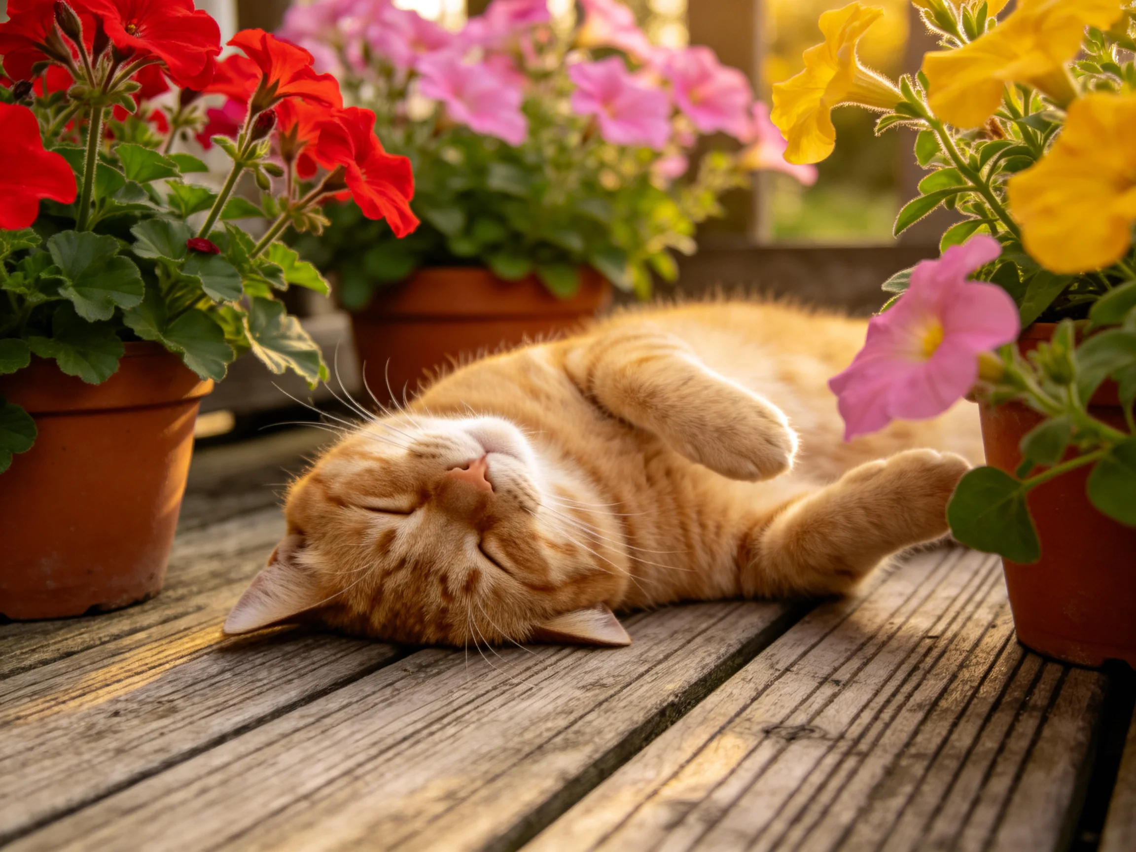 An orange tabby cat sleeps amid colorful flower pots on a wooden deck.
