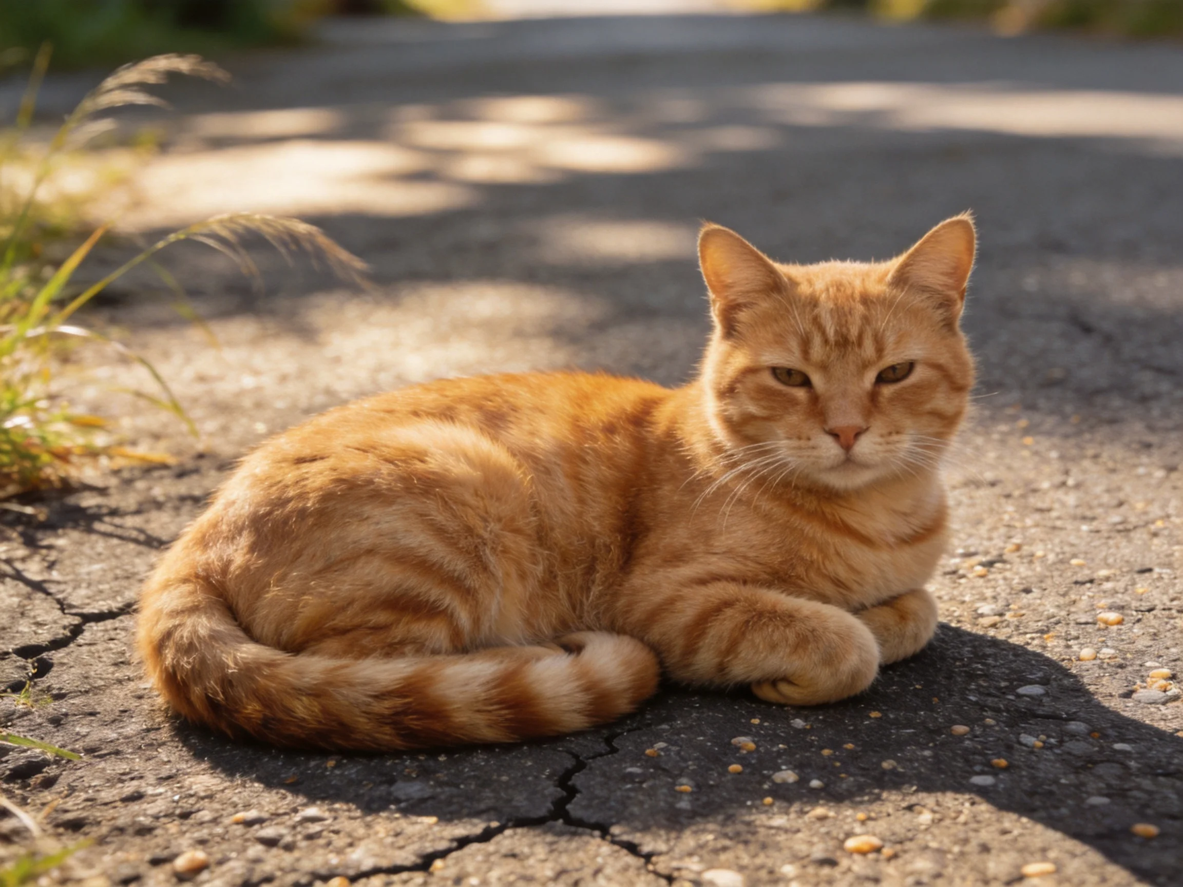 An orange tabby cat resting on a cracked asphalt path