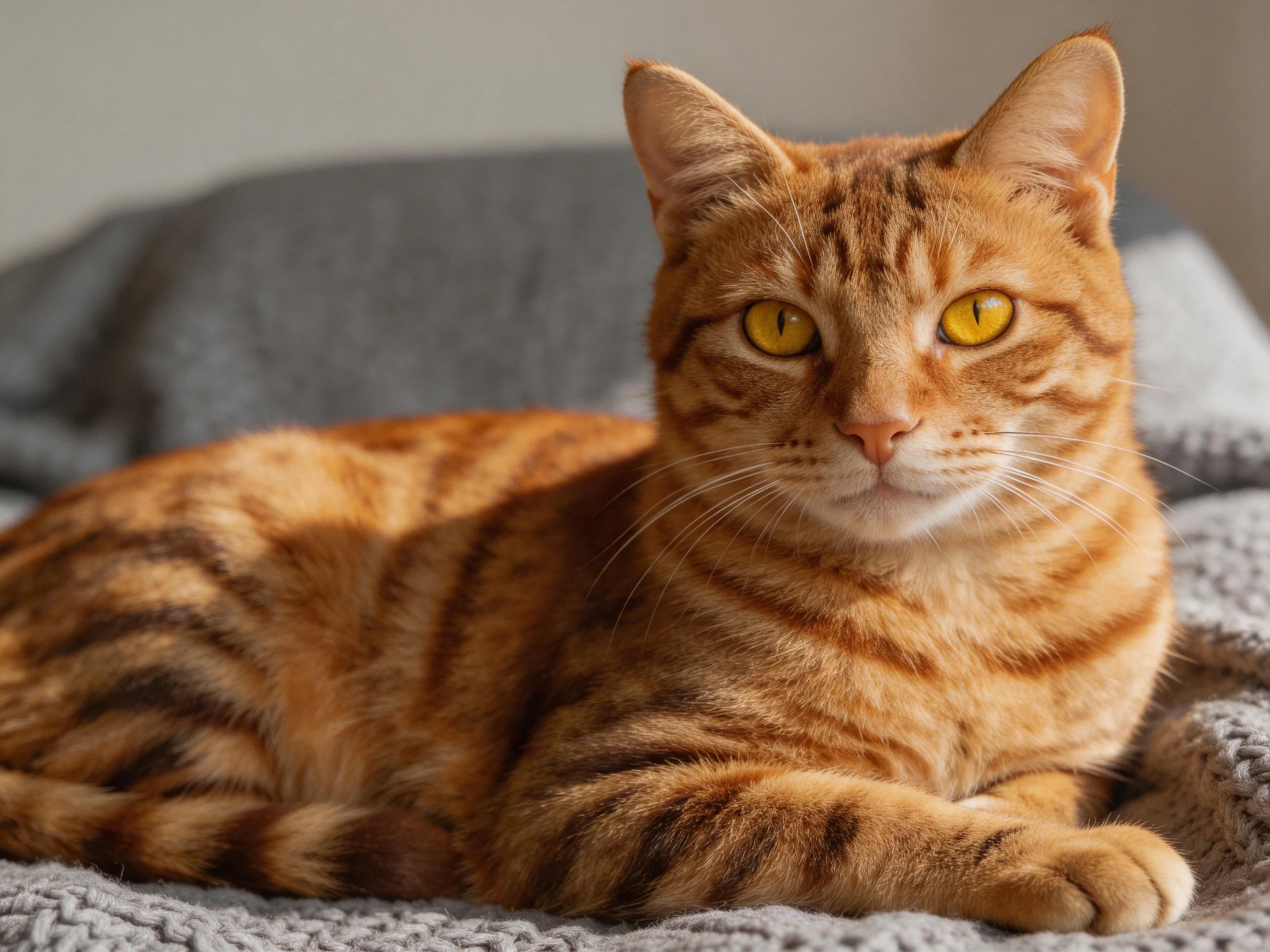 An orange tabby cat relaxes on a soft gray blanket.