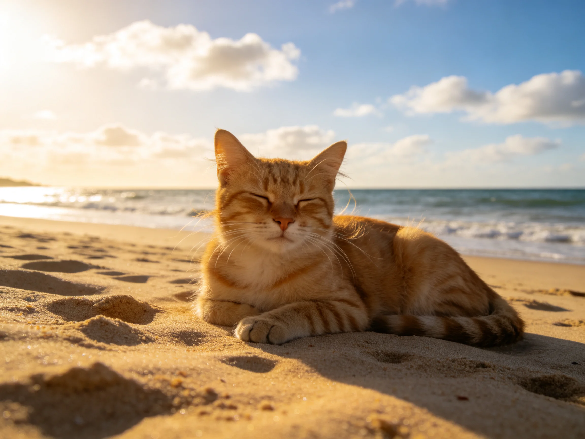 An orange tabby cat relaxes on a sandy beach near the ocean.