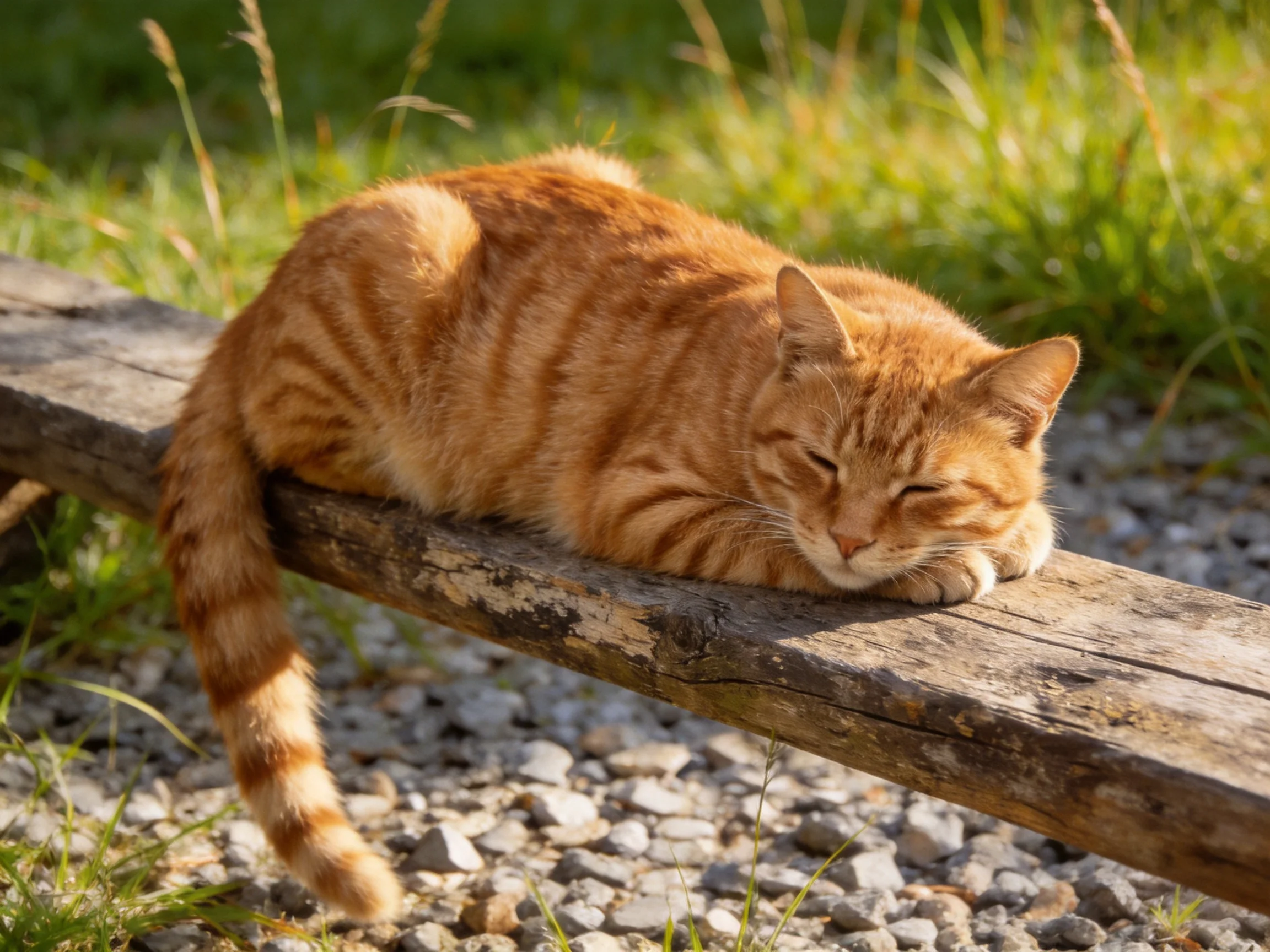 An orange tabby cat resting on a weathered wooden beam outdoors