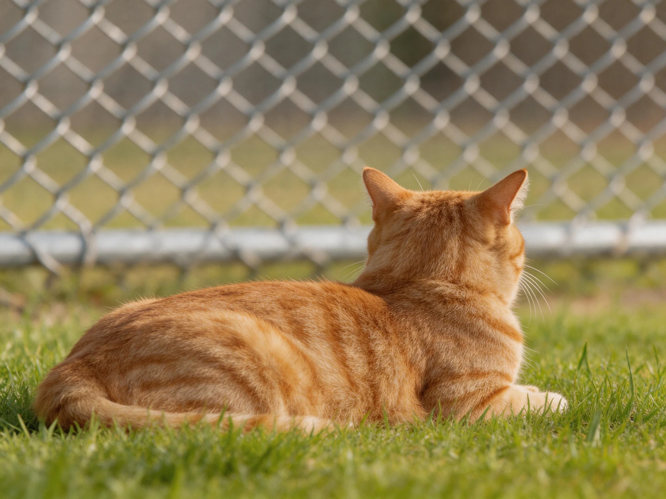 An orange tabby cat relaxes on grass near a chain-link fence