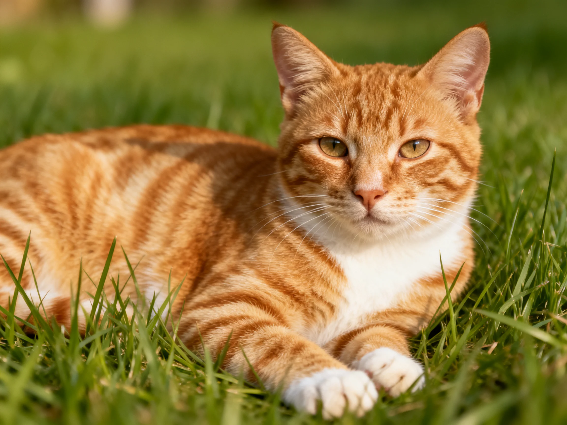 An orange tabby cat relaxes on vibrant green grass in a sunny outdoor setting.