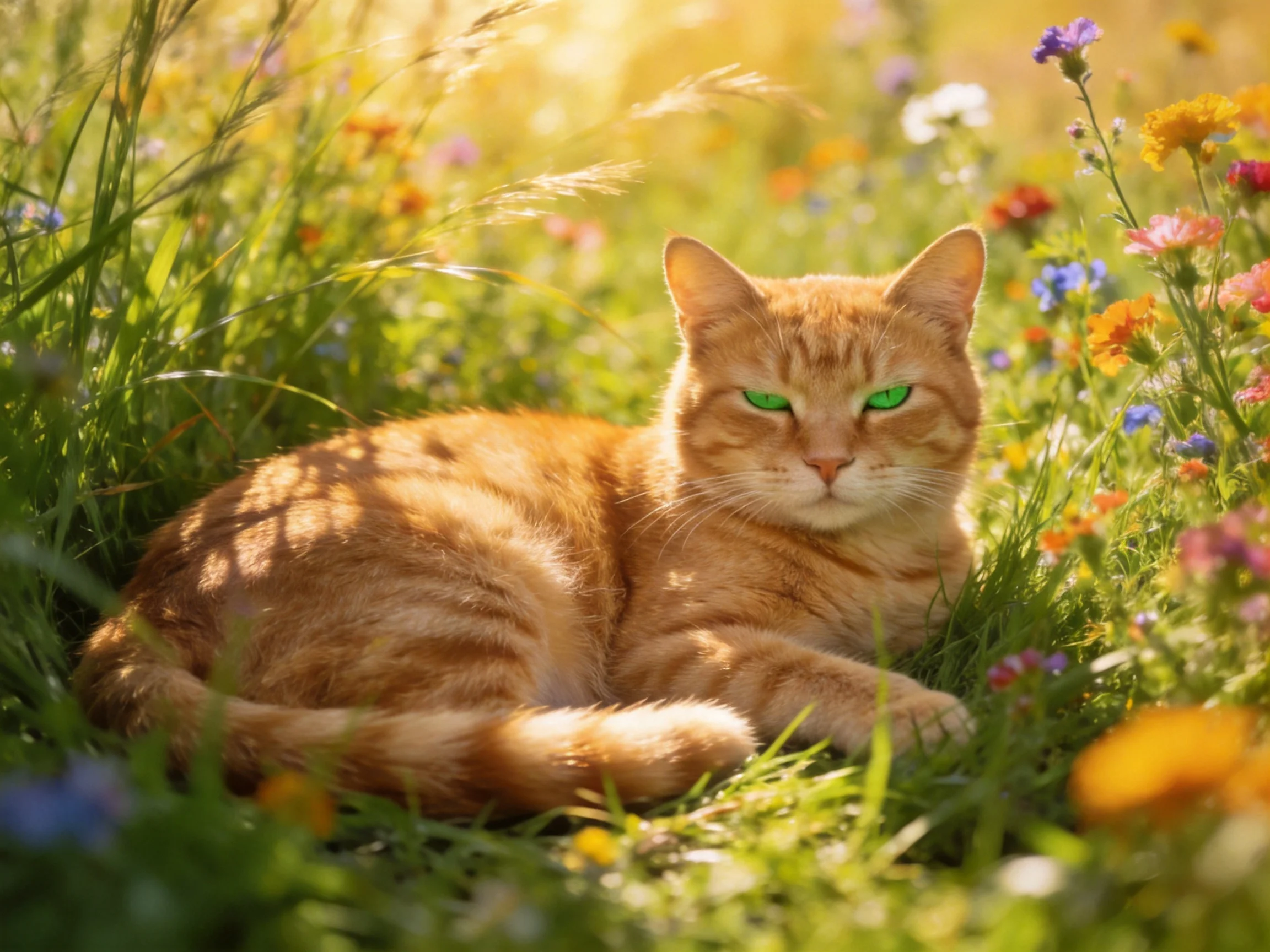 An orange tabby cat relaxes among colorful wildflowers in a sunlit meadow.