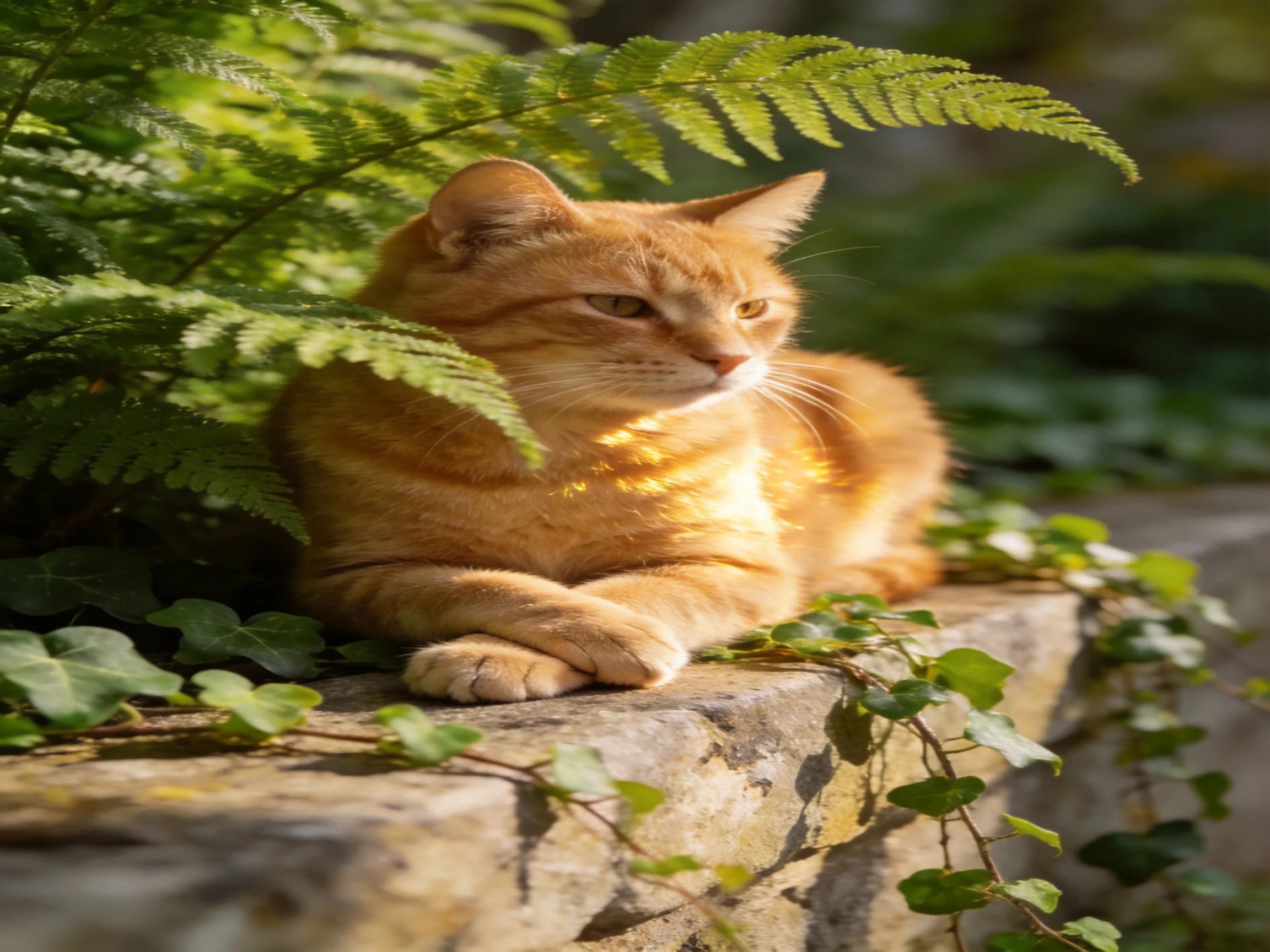 A single orange tabby cat relaxes among ferns on a stone ledge in a sunlit setting.