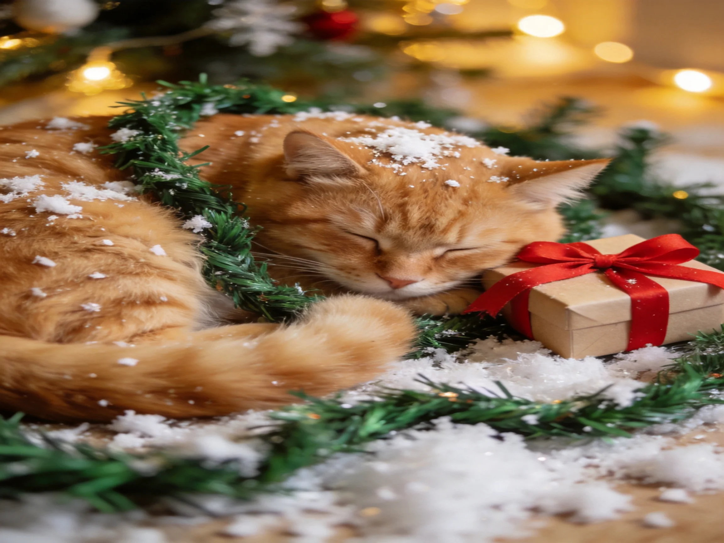 An orange tabby cat sleeps near evergreen decorations, artificial snow, and a gift.