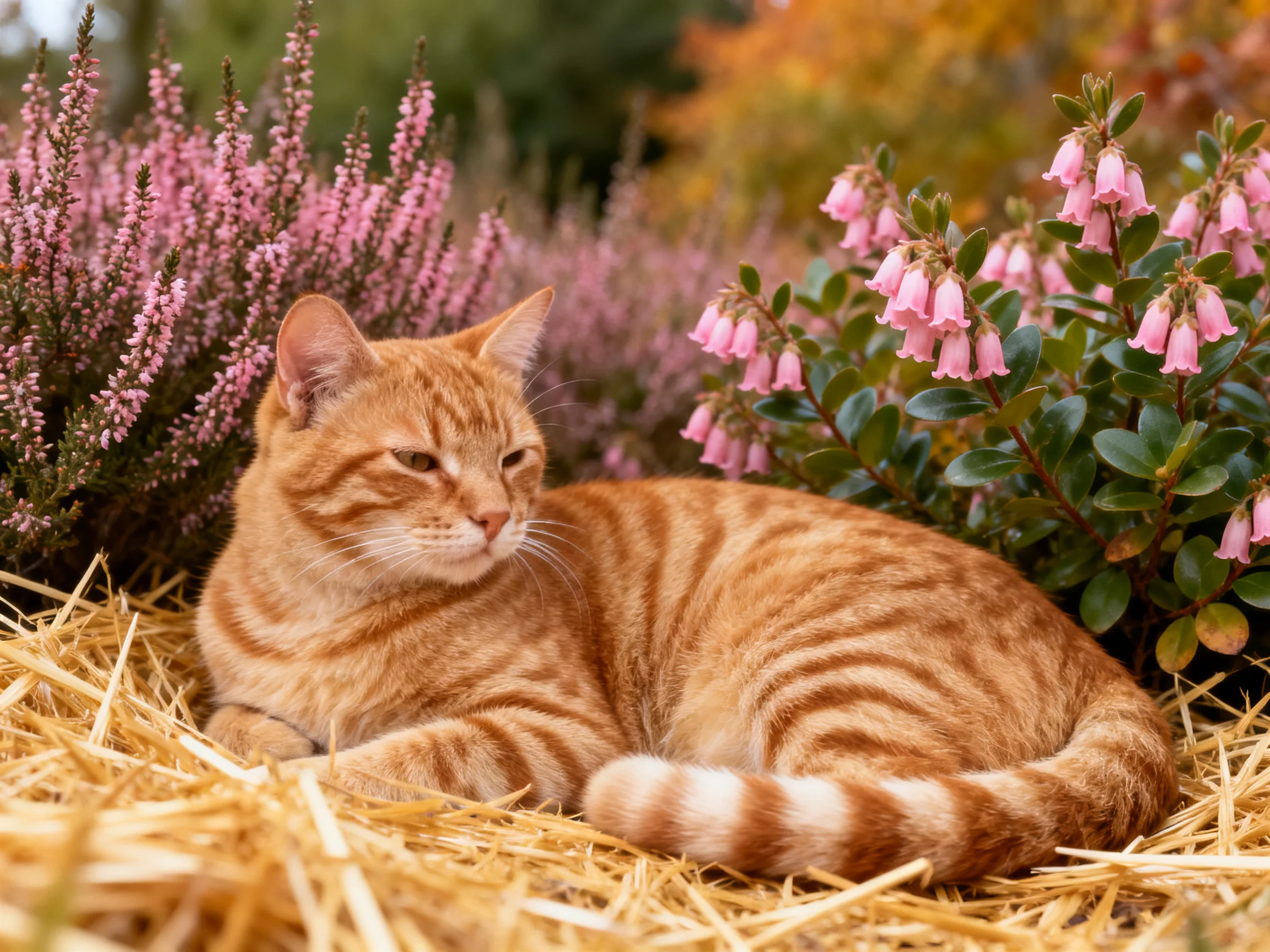 A single orange tabby cat relaxes near pink flowers and straw.