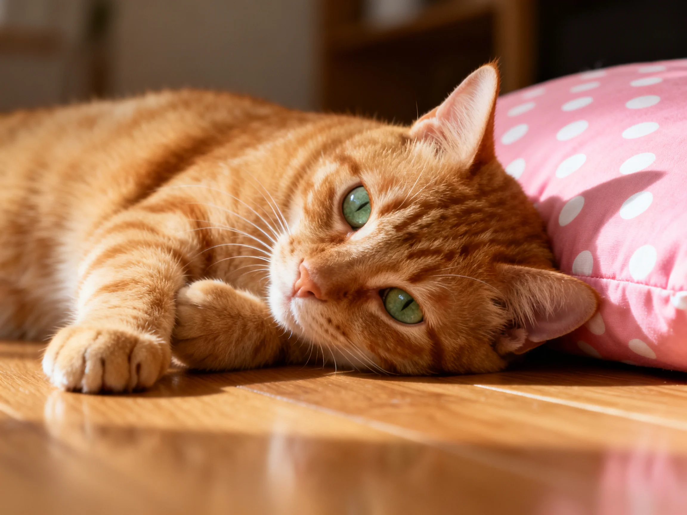 An orange tabby cat lies near a pink dotted pillow on a wooden floor.